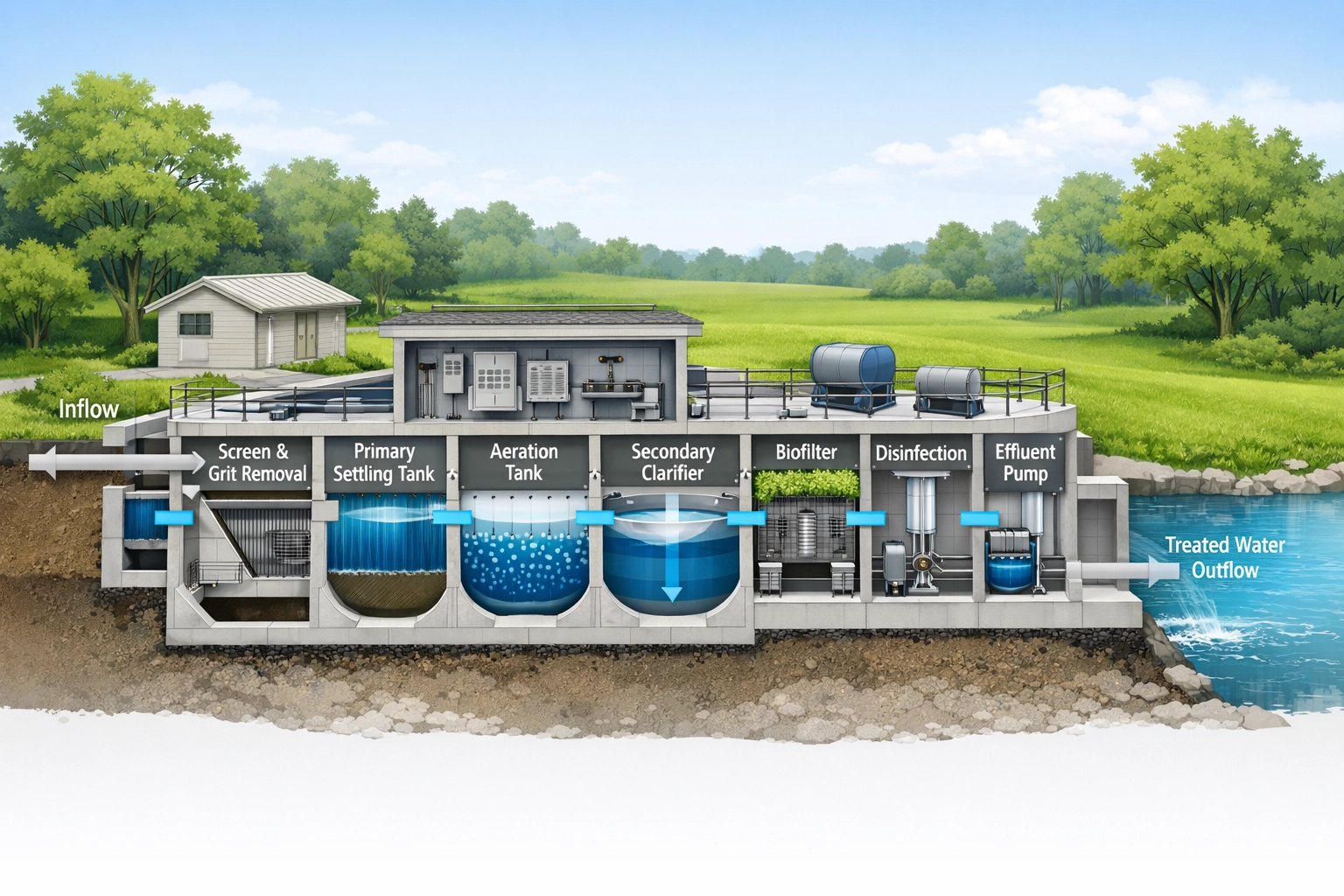 Cross-section of compact package plant wastewater system for small-scale developments