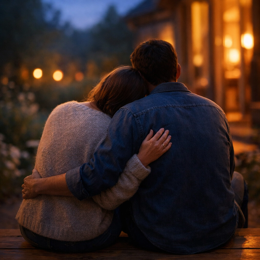 Egymáshoz bújó pár a szabadban, a pornófüggőség utáni egészséges párkapcsolat és bizalom jeleként.