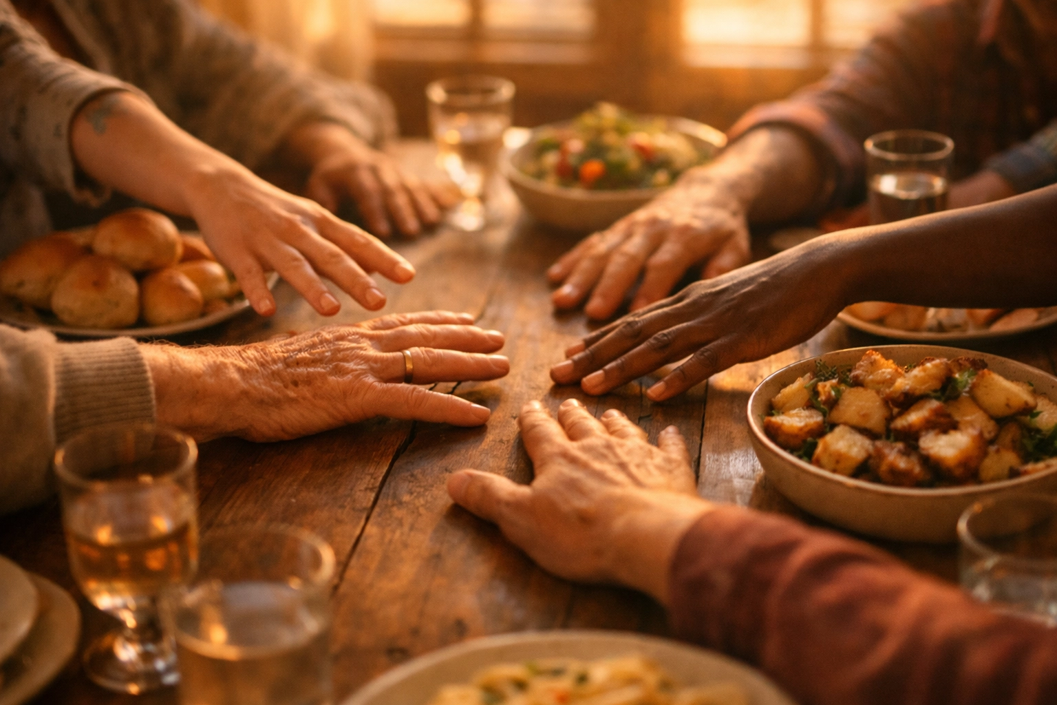 Diverse hands reaching together over shared meal, symbolizing unity beyond political division