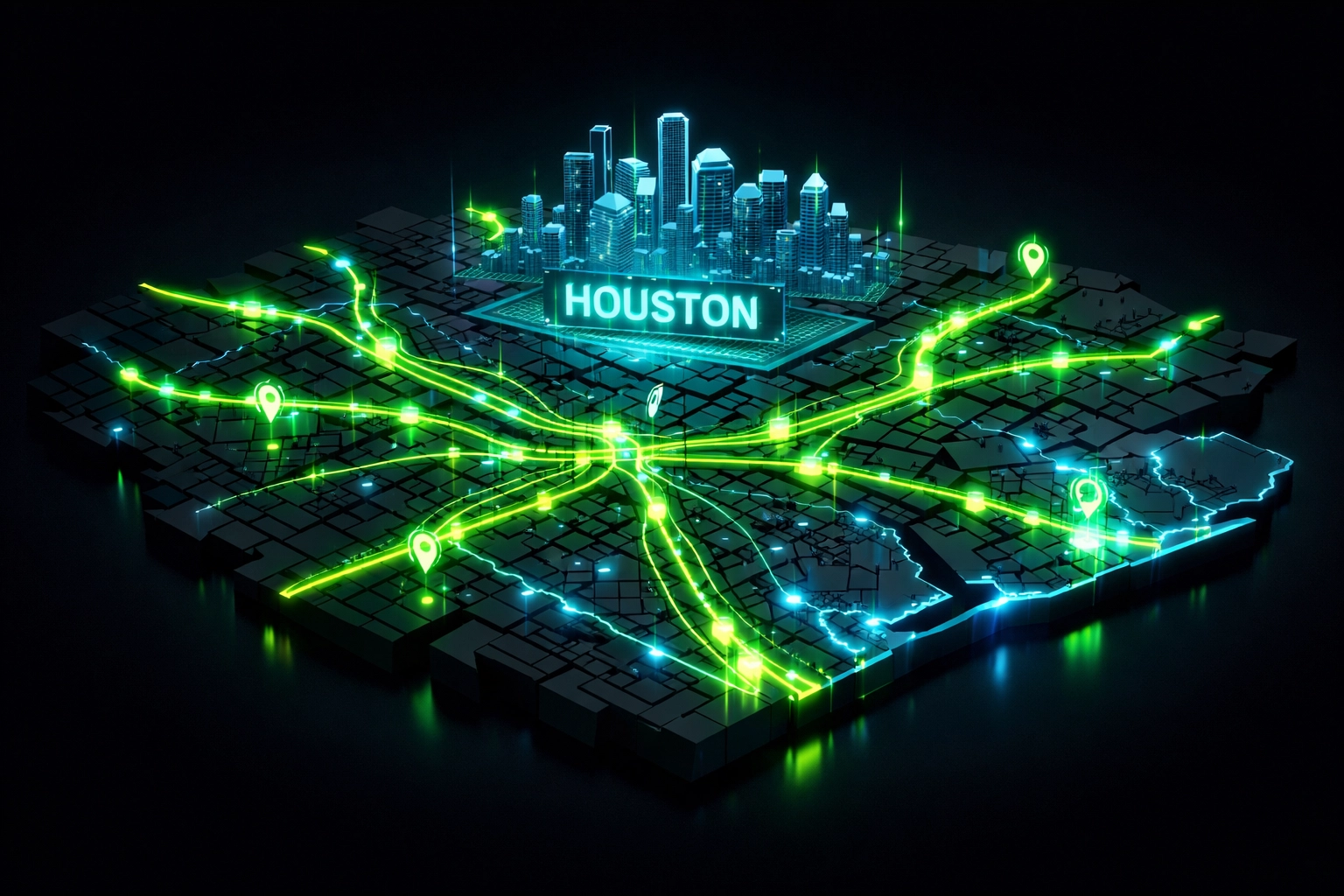Map of Houston showing lead generation and directory data flow for local towing service providers.