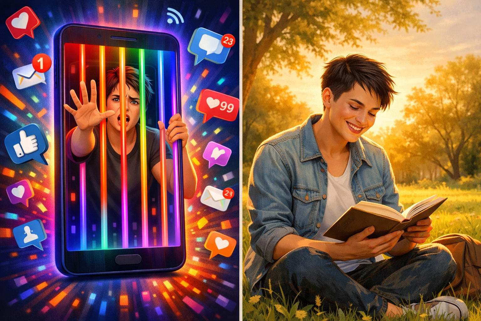 Breaking free from digital addiction to reading - LGBTQ+ transformation visual