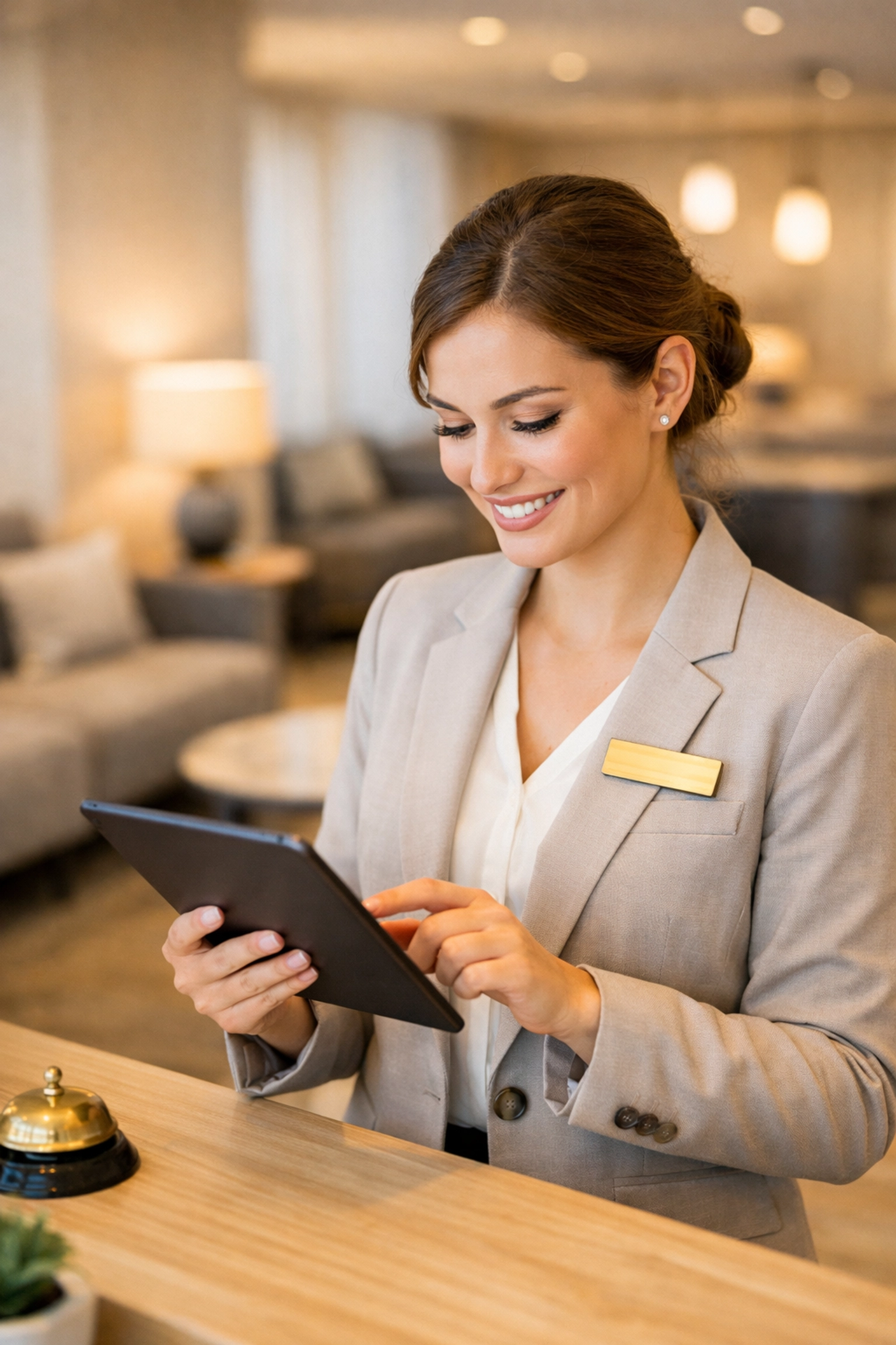 Hotel receptionist using tablet with cloud-native PMS in modern lobby