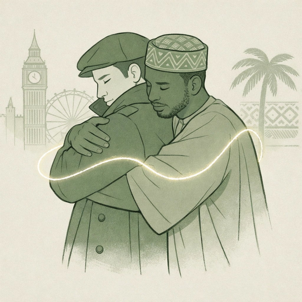 Two men embracing representing London-Lagos LGBTQ+ solidarity and international queer support