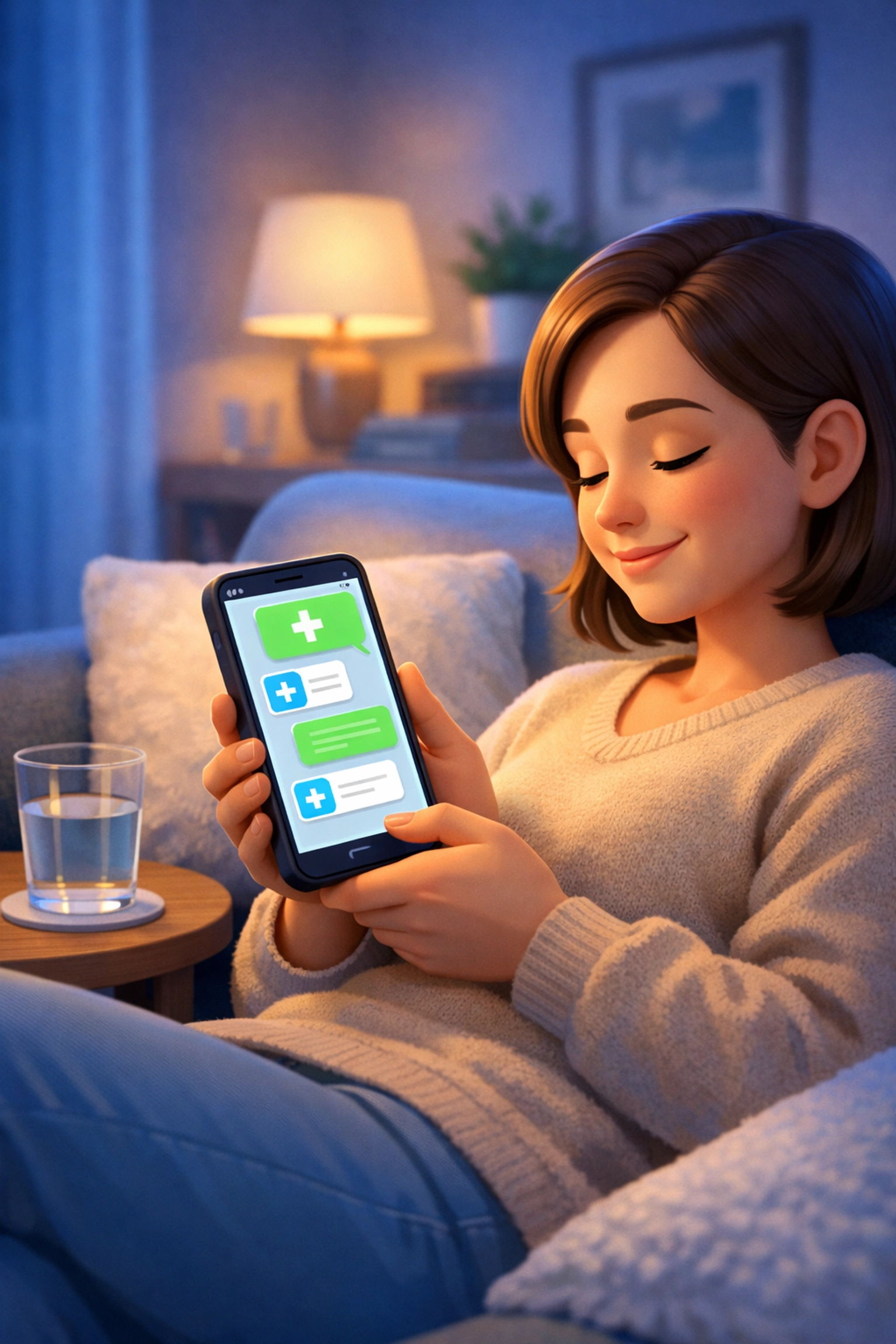 Patient using smartphone for online nausea and vomiting consultation from home comfort