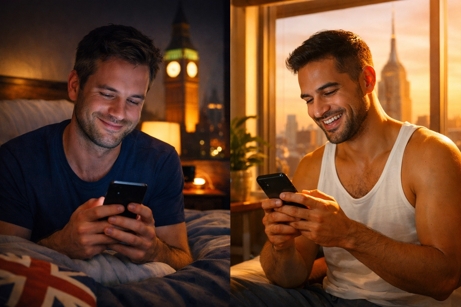 Long-distance gay couple using smartphone apps to control sex toys and share an intimate moment remotely.