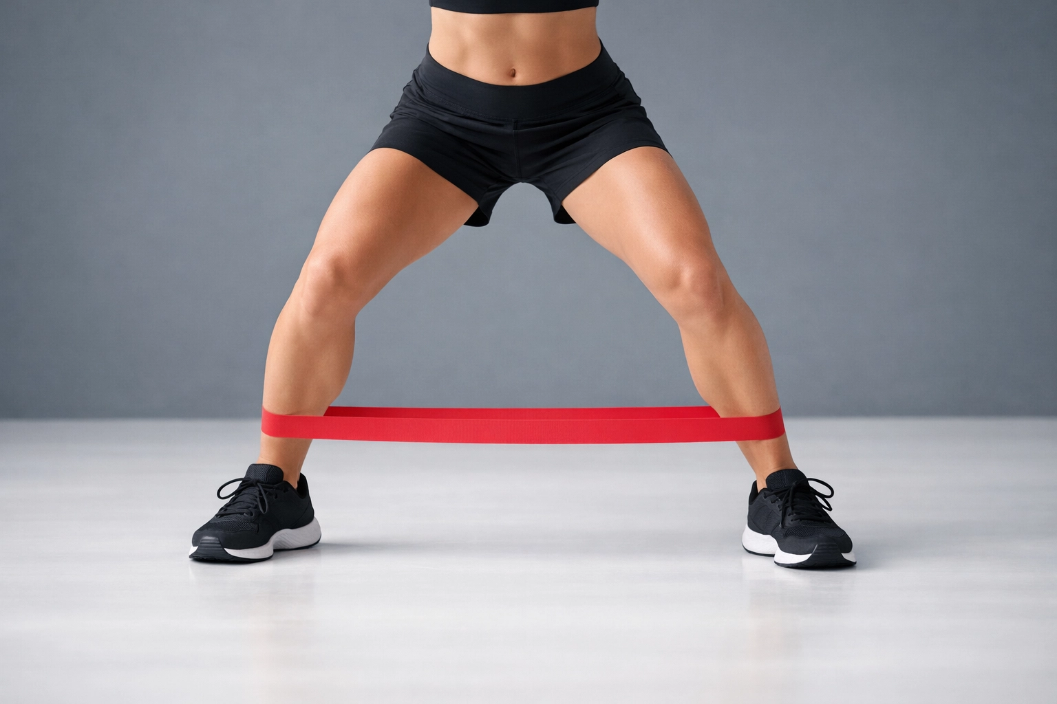 Person using a red resistance band for lateral walks to improve lower body strength and muscle stability.