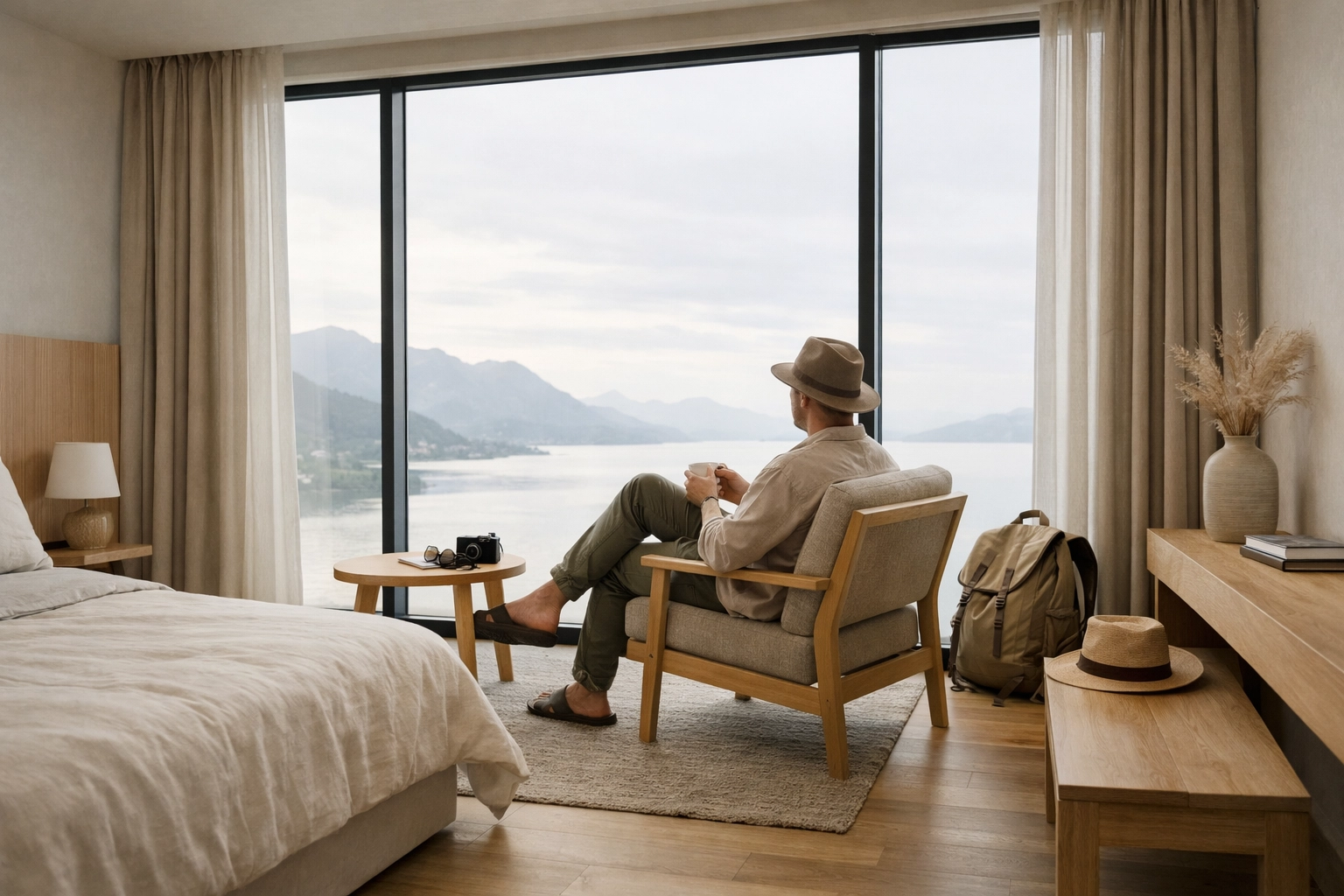 Traveler relaxing in a modern hotel suite after a seamless direct booking experience.