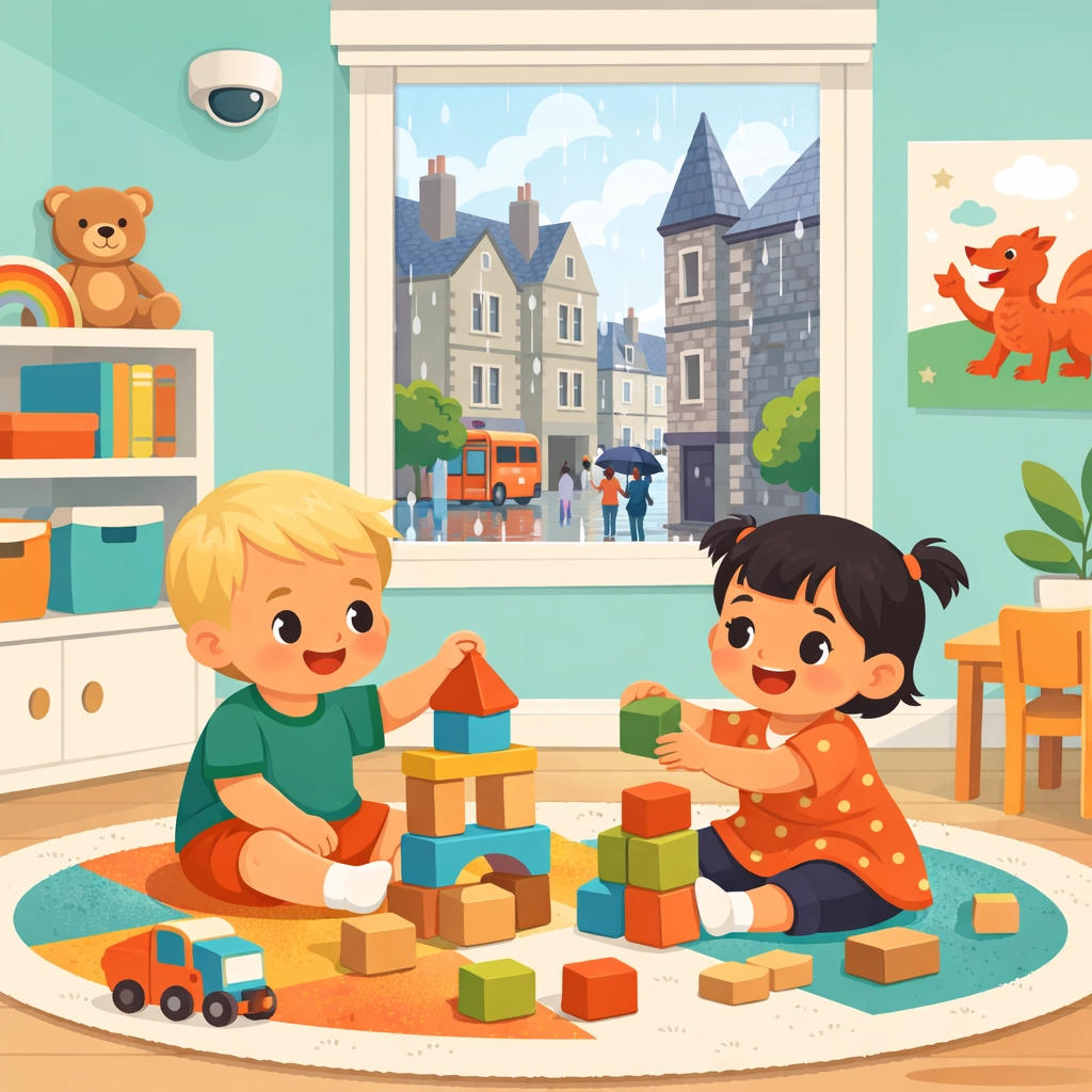 Discreet white dome CCTV camera mounted in a bright Cardiff nursery playroom while children play.