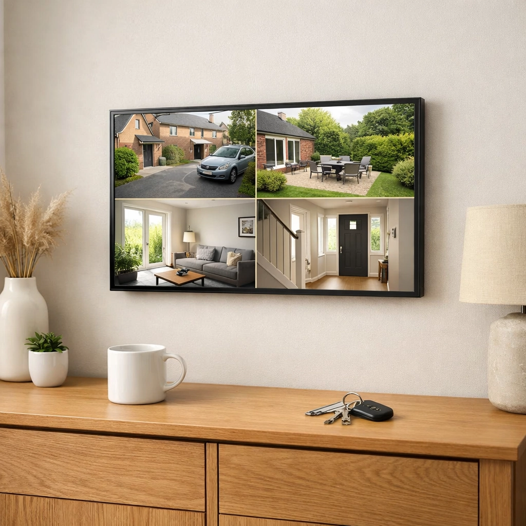 A clean and professional security system installation in Slough showing a wall-mounted CCTV monitoring screen.