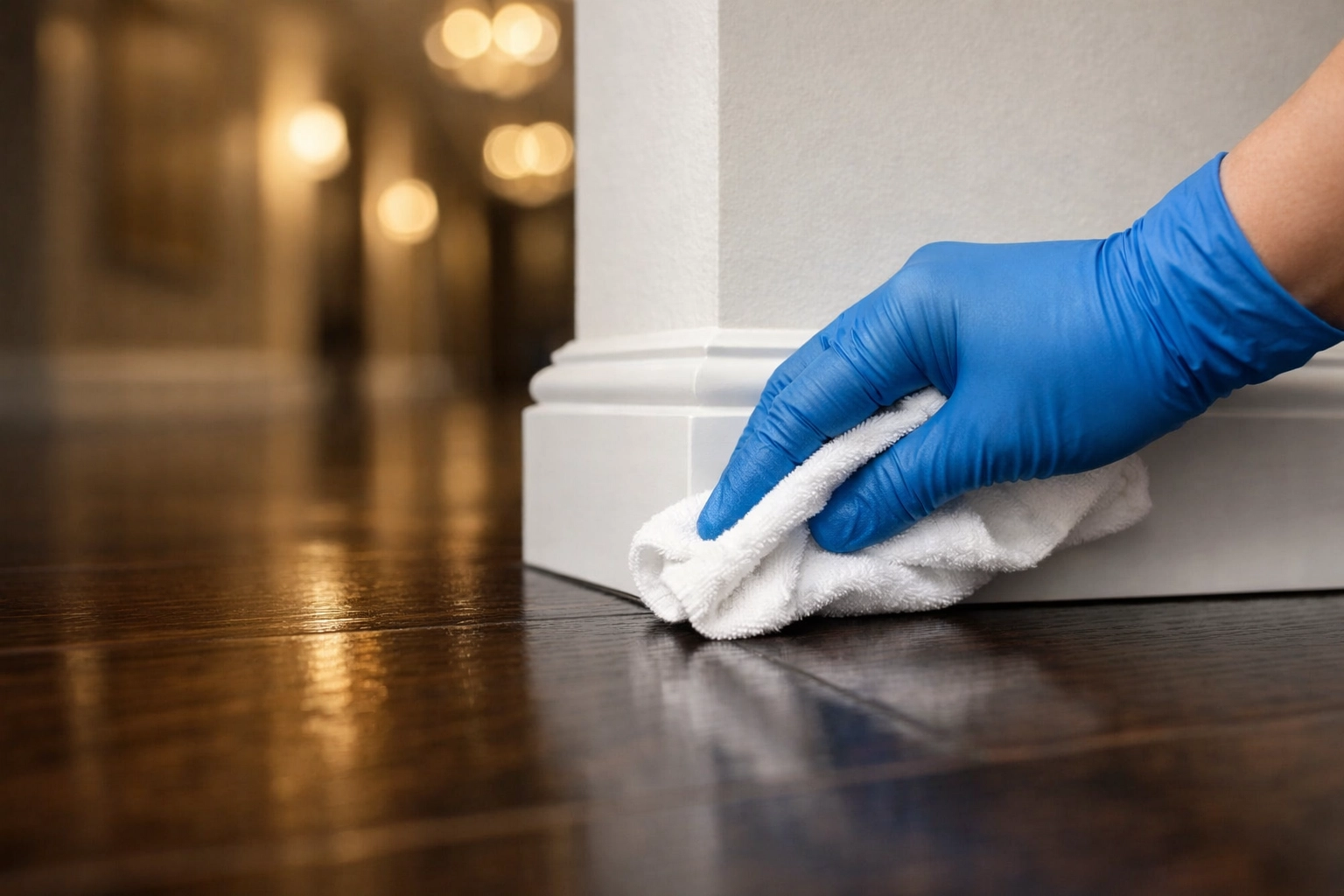 Detailed hand-cleaning of white baseboards during elite residential cleaning Massachusetts in a high-end estate.