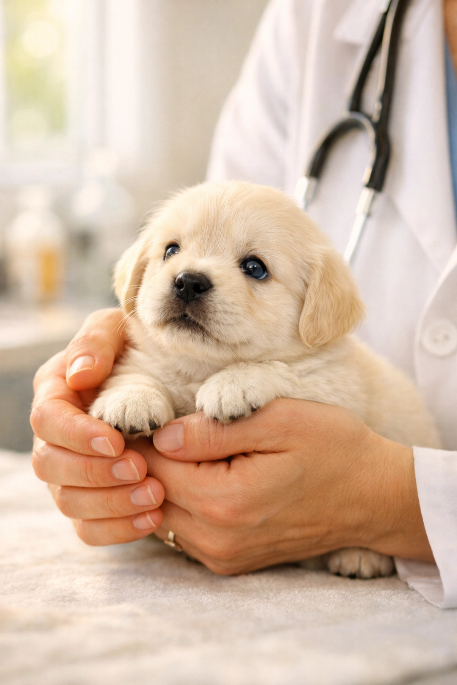 Veterinarian examining English Cream Golden Retriever puppy during early health screening