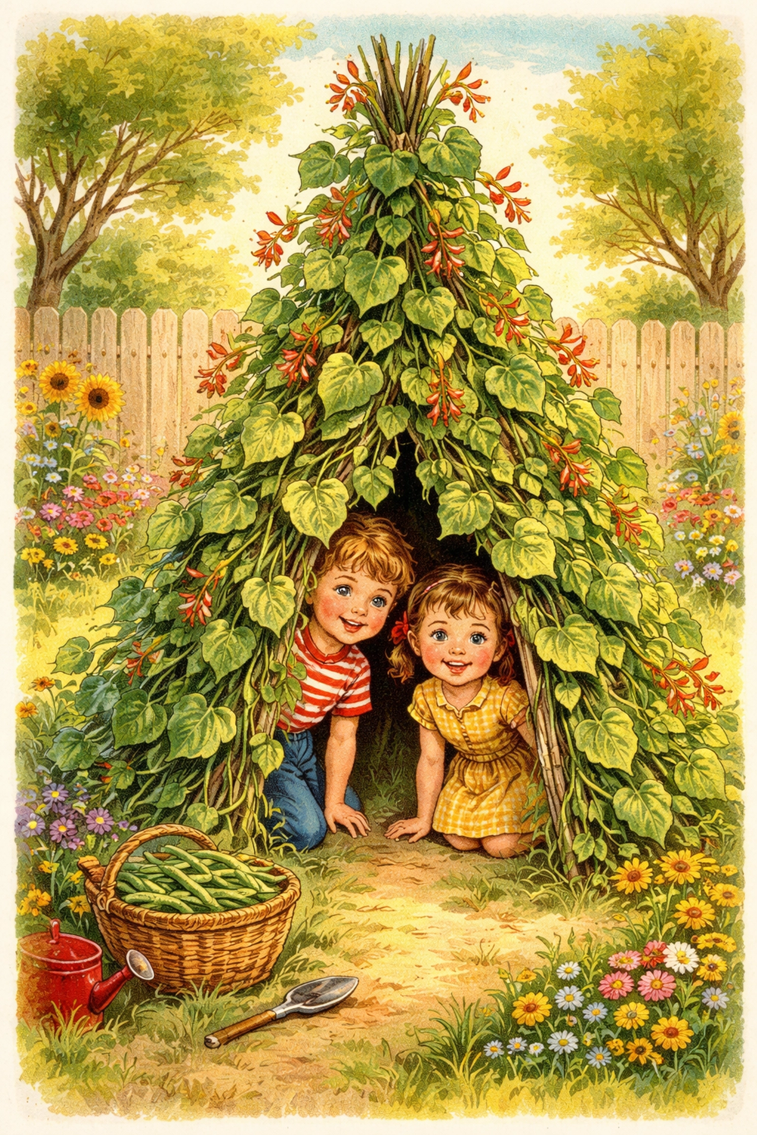 Children playing inside a backyard bean teepee covered in green leaves and red blooms for outdoor play space