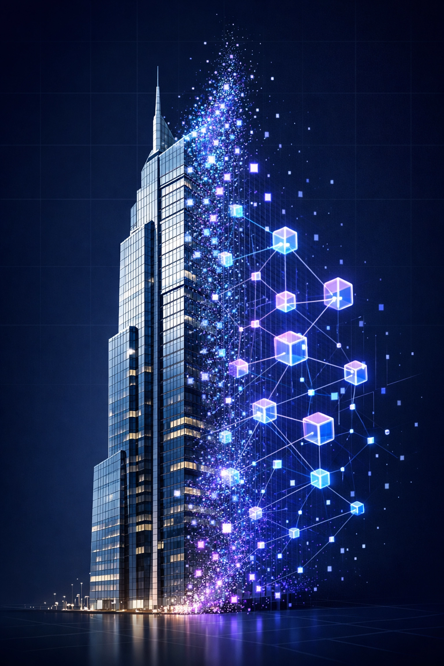 Commercial building transforming into blockchain network representing tokenized real estate technology