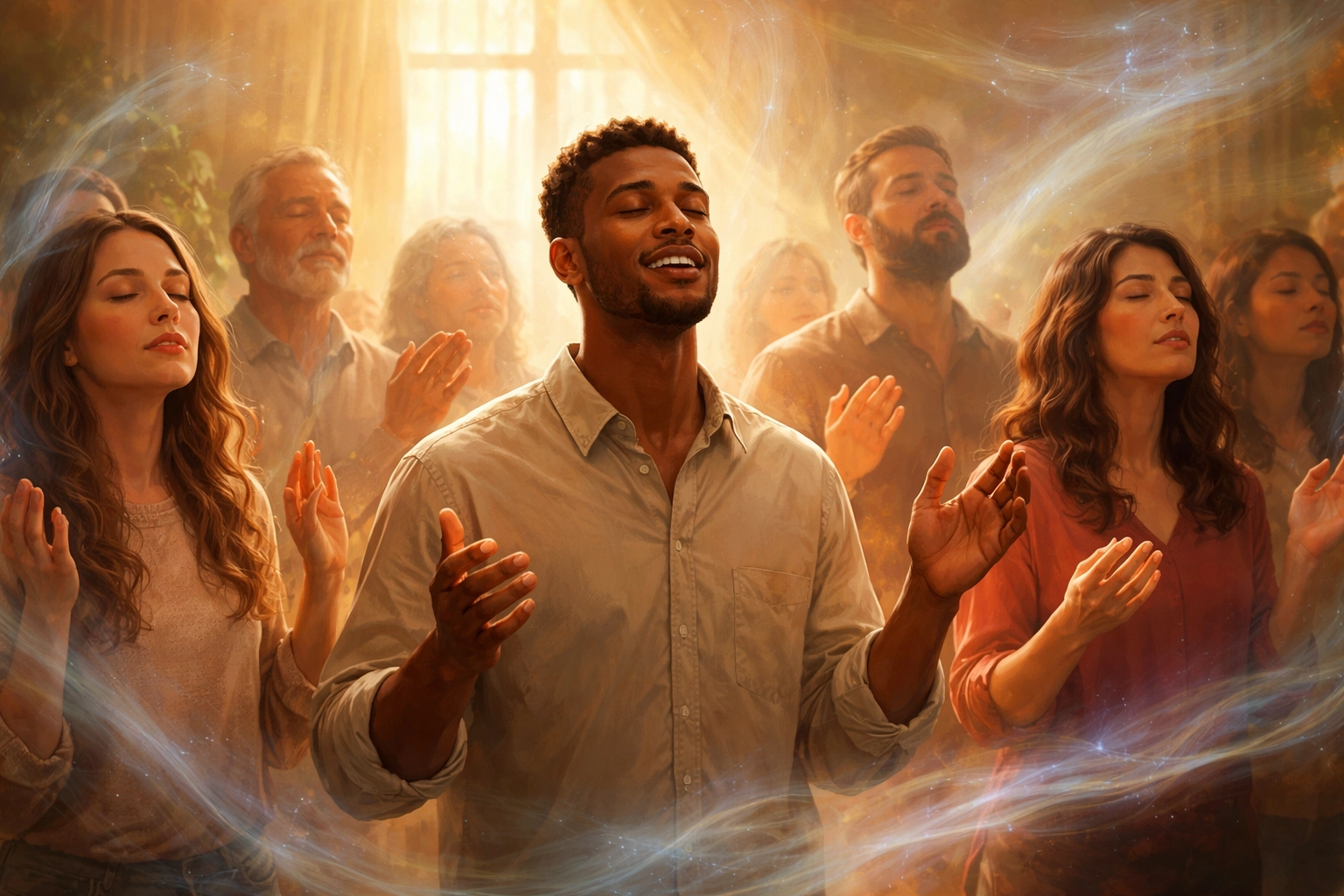 Diverse congregation worshipping together as Holy Spirit's presence is symbolized, reflecting initial evidence of speaking in tongues.