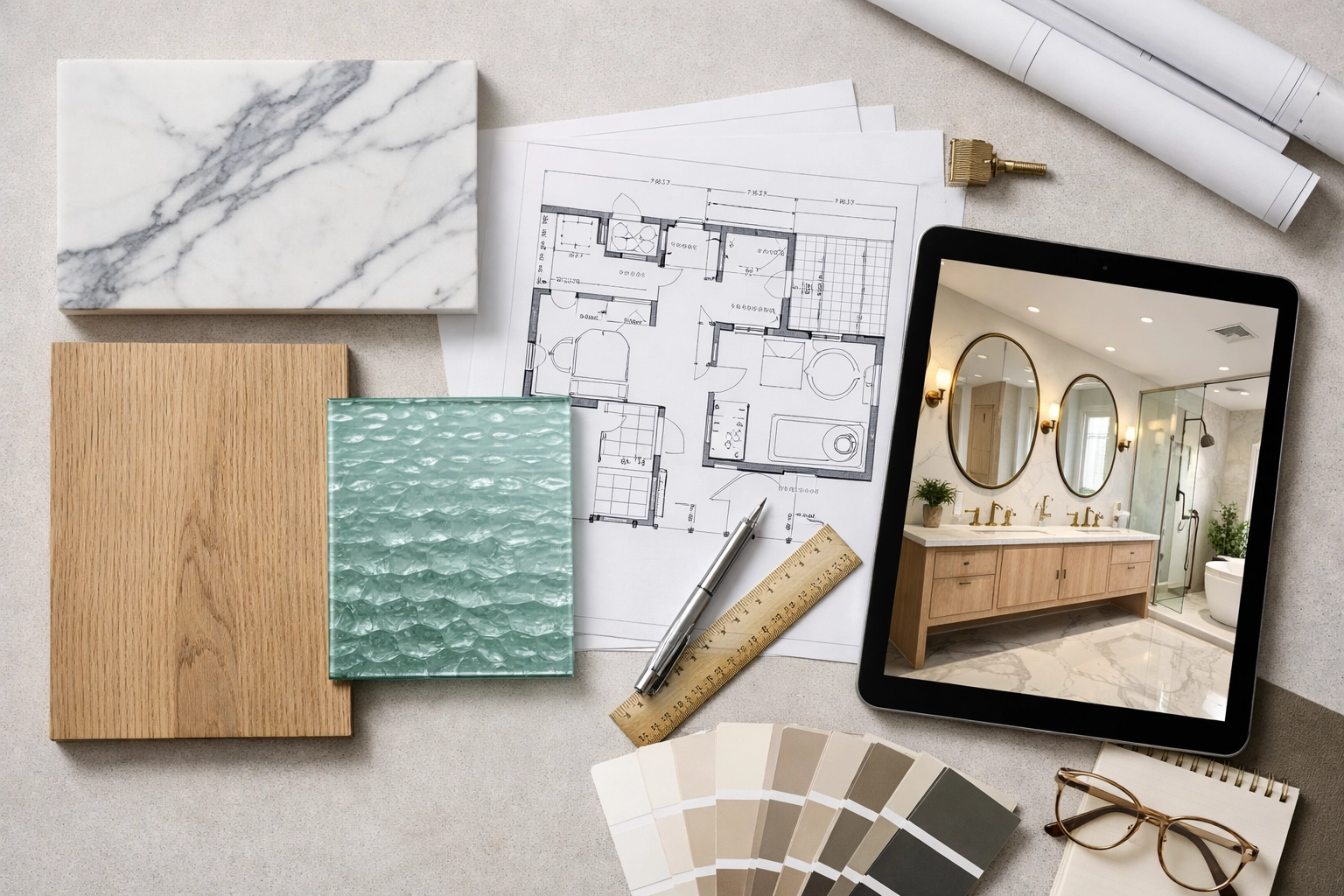 Remodeling design board with marble swatches, hardwood flooring samples, and detailed architectural floor plans.