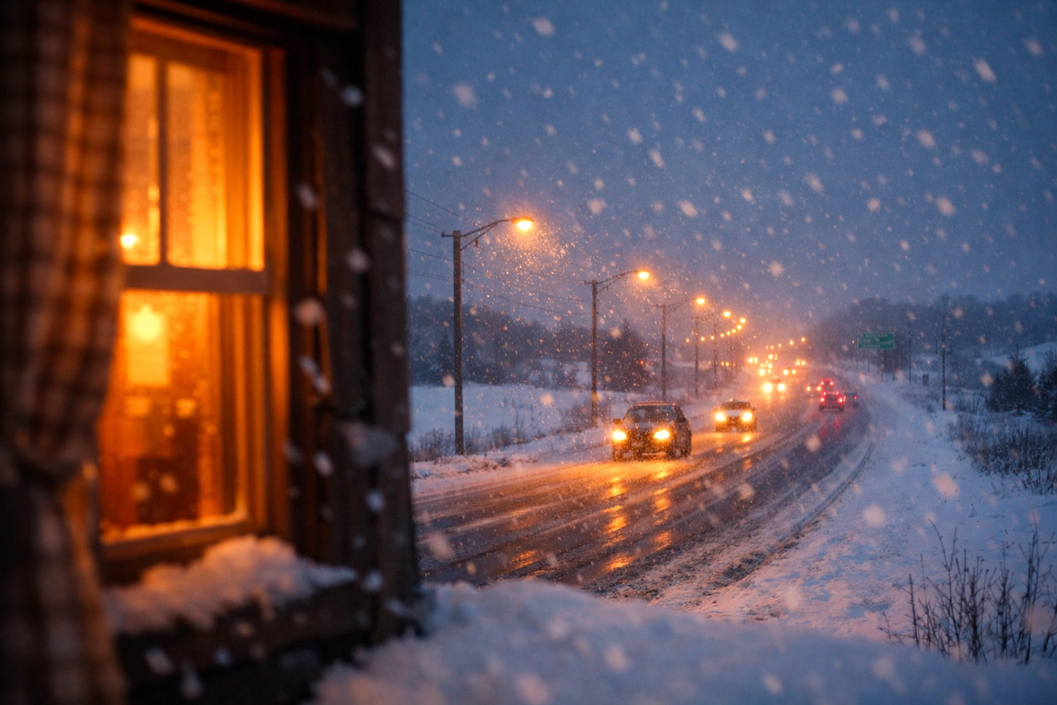 Snow-covered Midwest highway at dusk with warm house offering shelter from winter storm