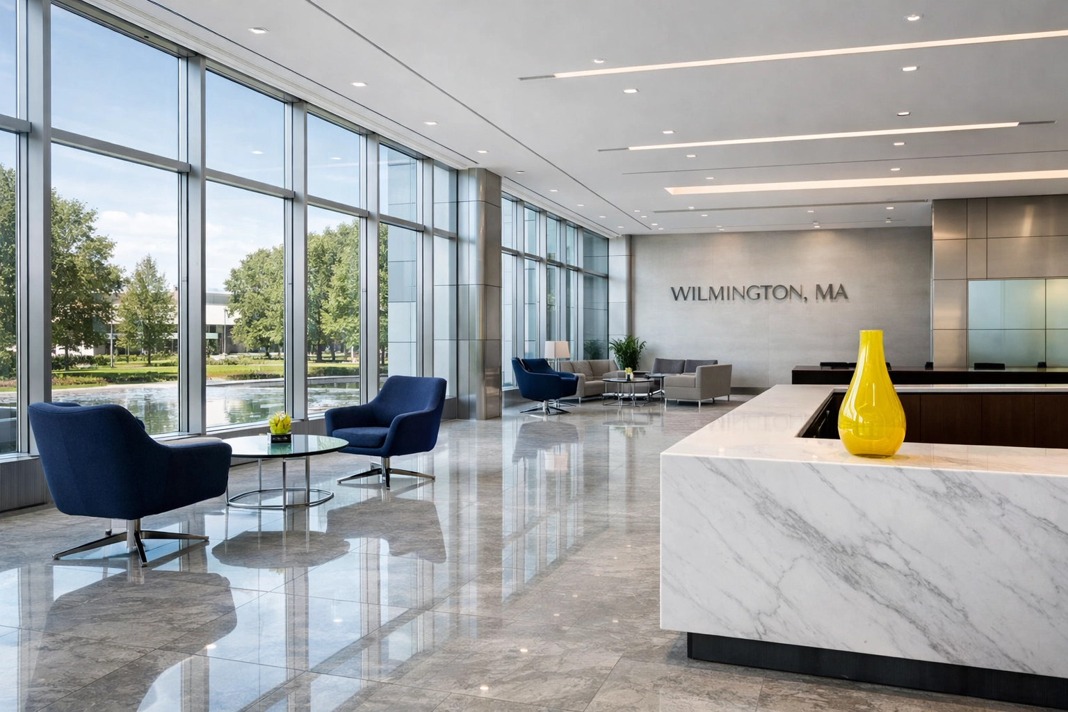 Pristine corporate lobby in Wilmington MA maintained by professional commercial cleaning services.