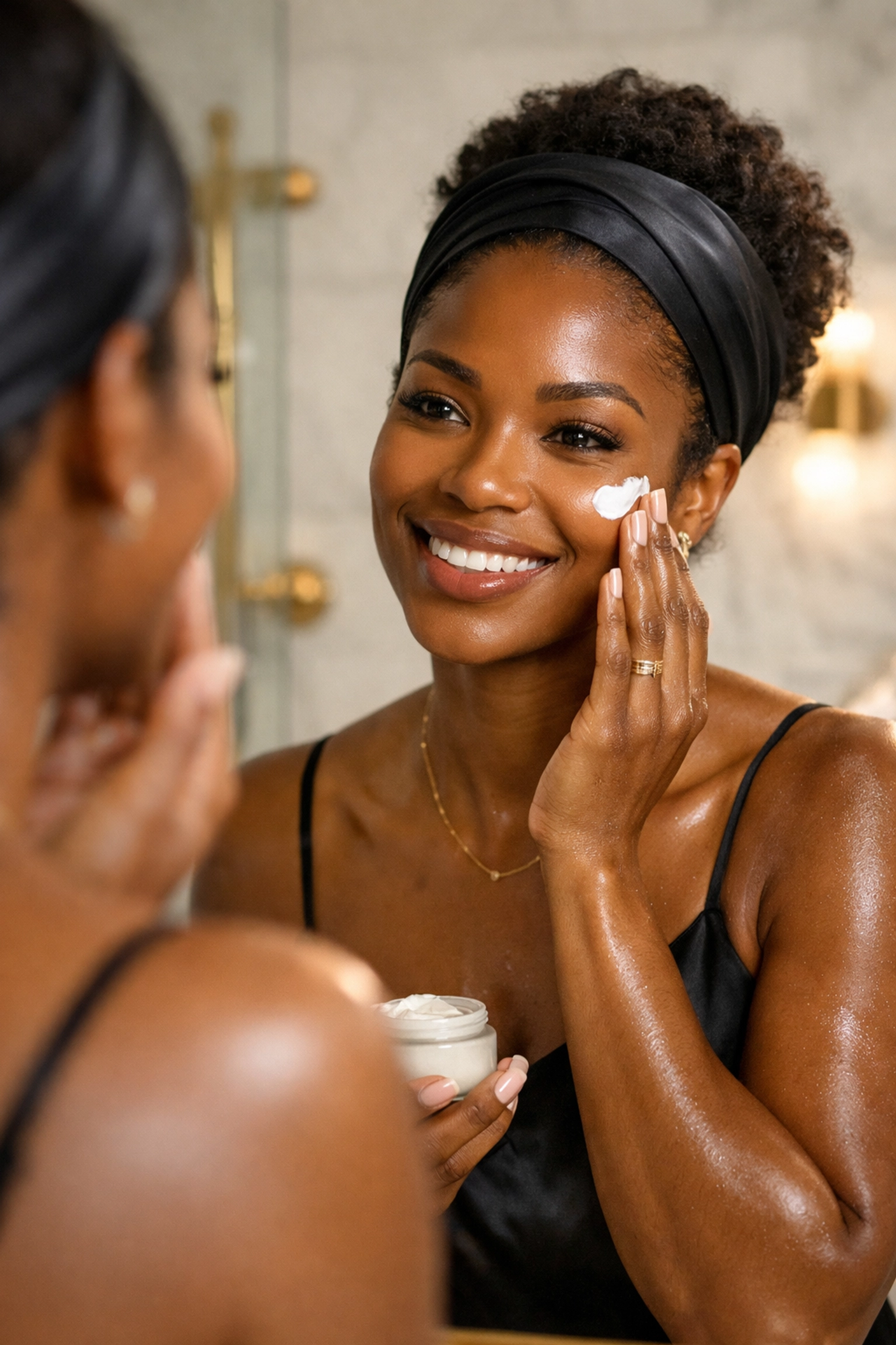 Empowered Black woman wearing a silk headband while performing a luxury self-care beauty routine.