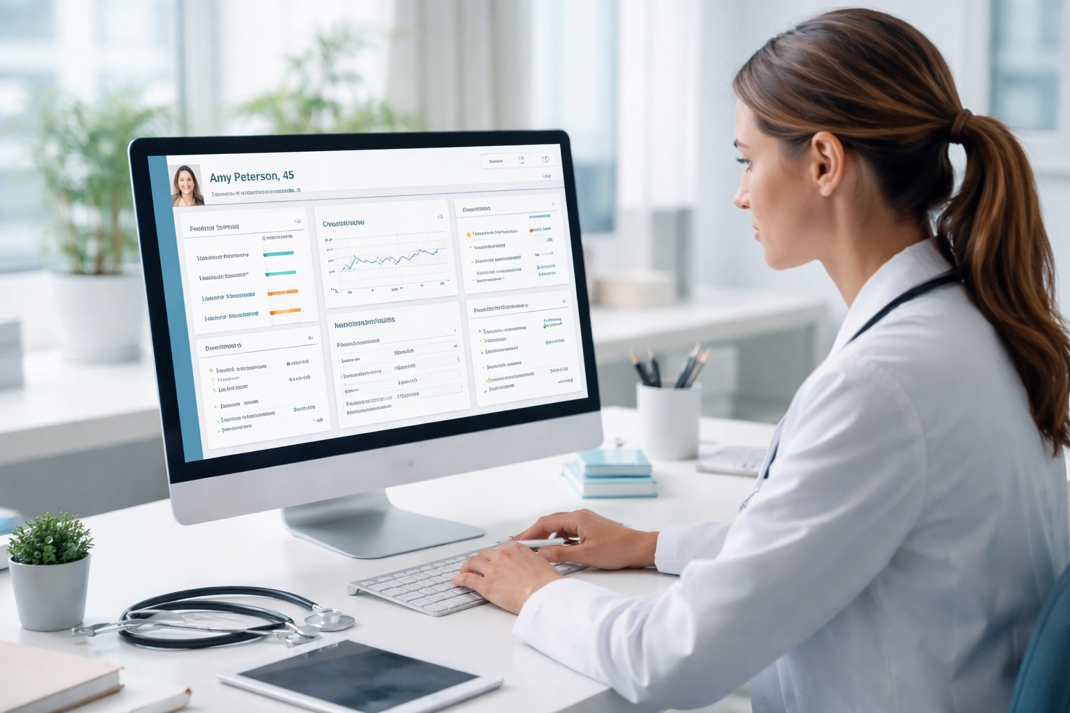Female clinician reviews patient information on EHR monitor in a modern medical clinic setting, illustrating clinical workflow integration.