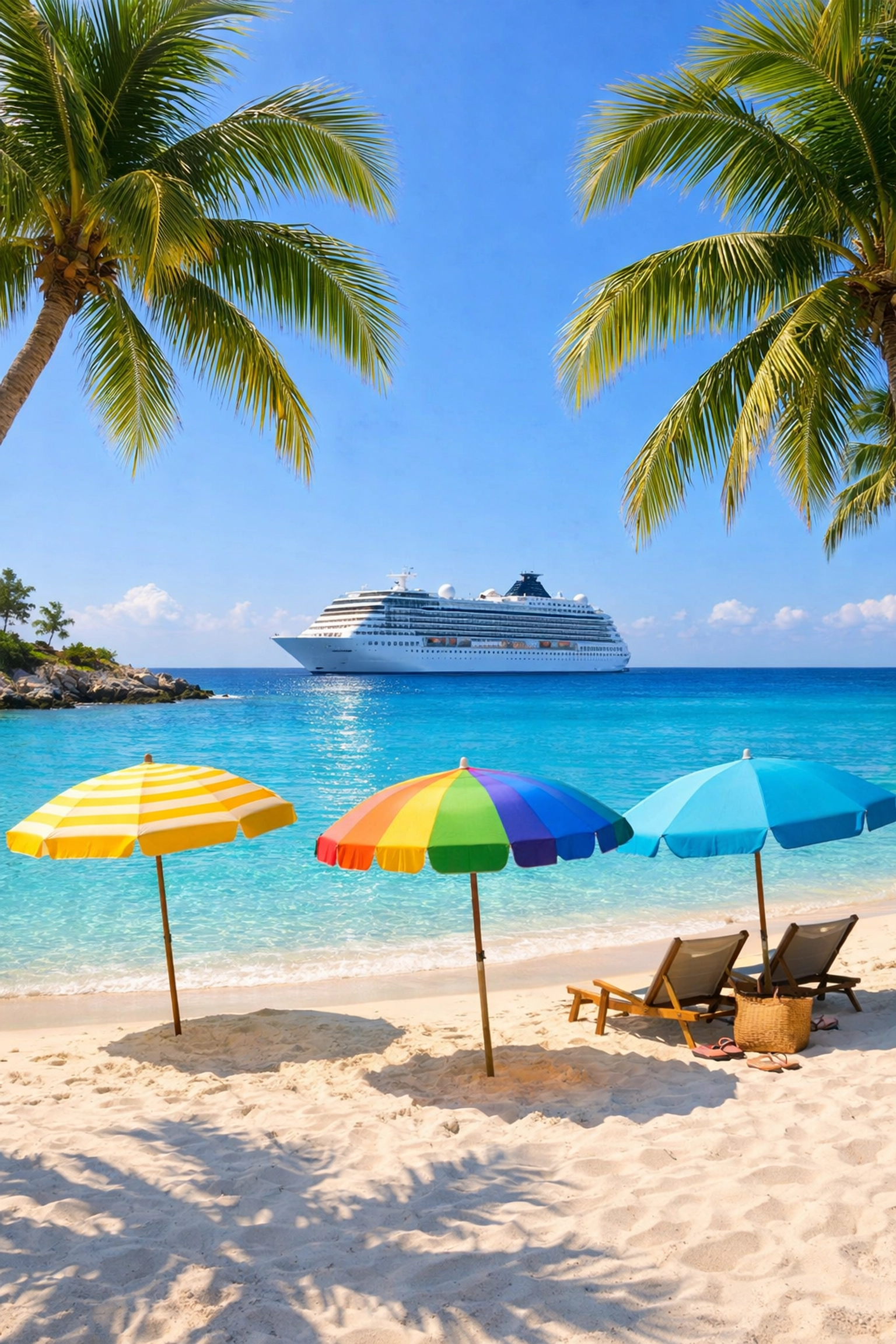 A tropical private island beach in the Bahamas with a cruise ship anchored in turquoise waters.