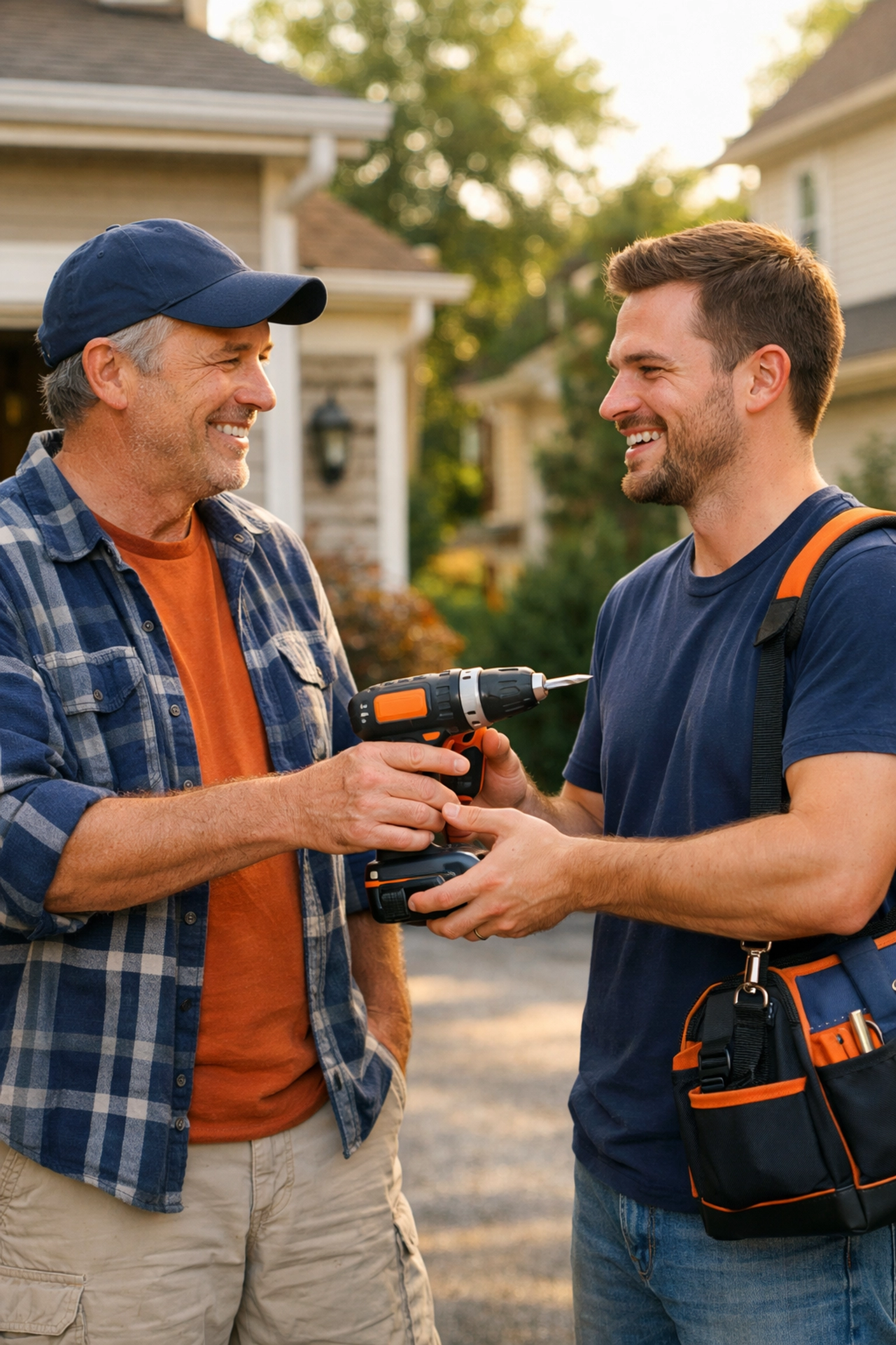 Neighbors sharing power drill in driveway through peer-to-peer rental platform