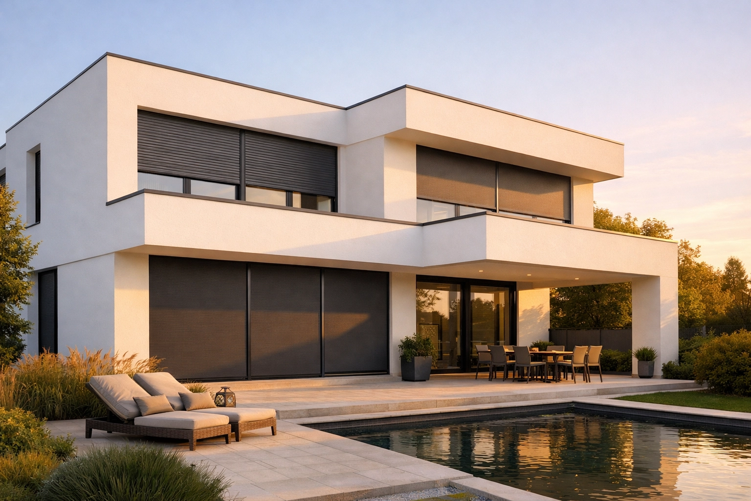 Zeitloses Hausdesign in Wien mit funktionalen Zip Screens und Rollläden für optimalen Sonnenschutz.