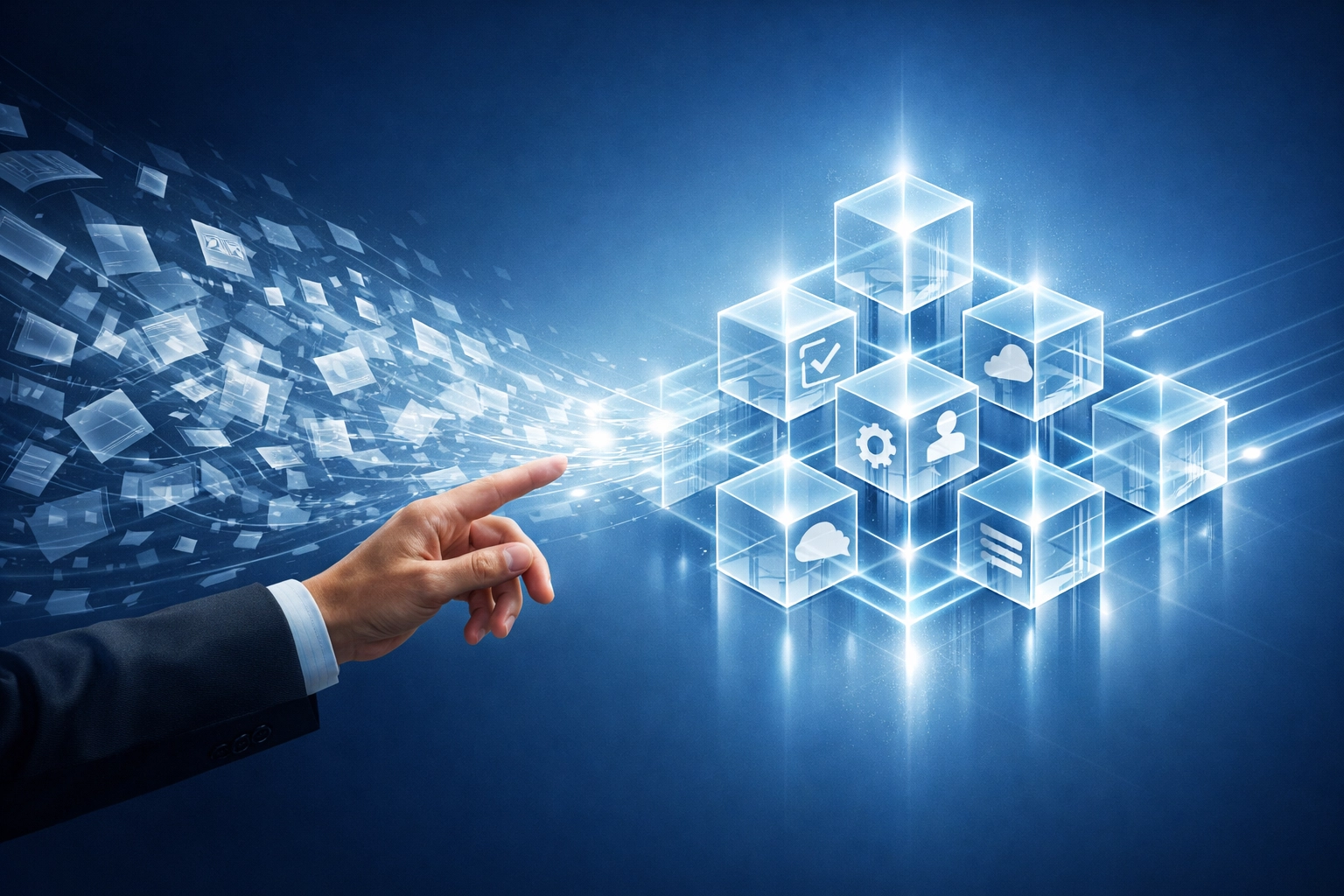 Digital hand organizing data into a streamlined automated workflow for service businesses.