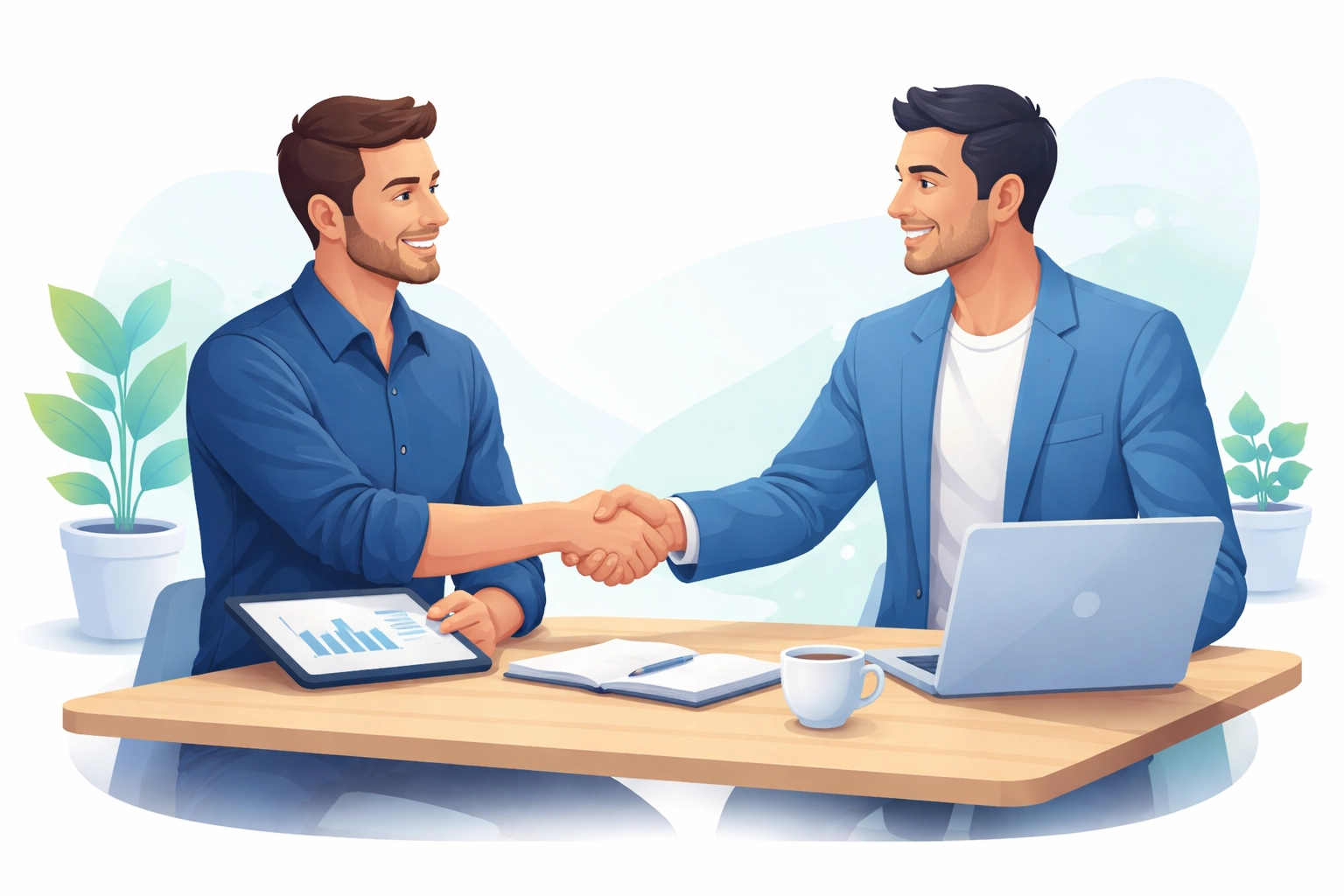 Two business professionals, a small business owner and a marketing consultant, shaking hands to represent partnership with a marketing agency in Alpharetta.