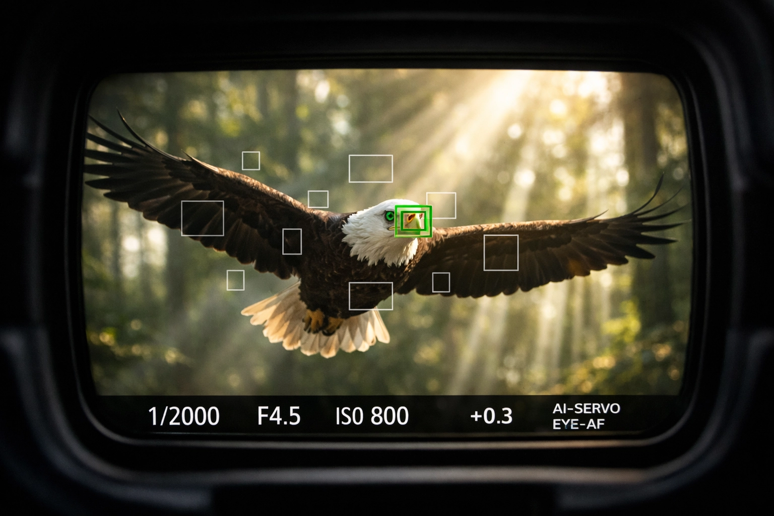 AI predictive autofocus tracking an eagle's eye, showing how camera gear news matters for wildlife photography.
