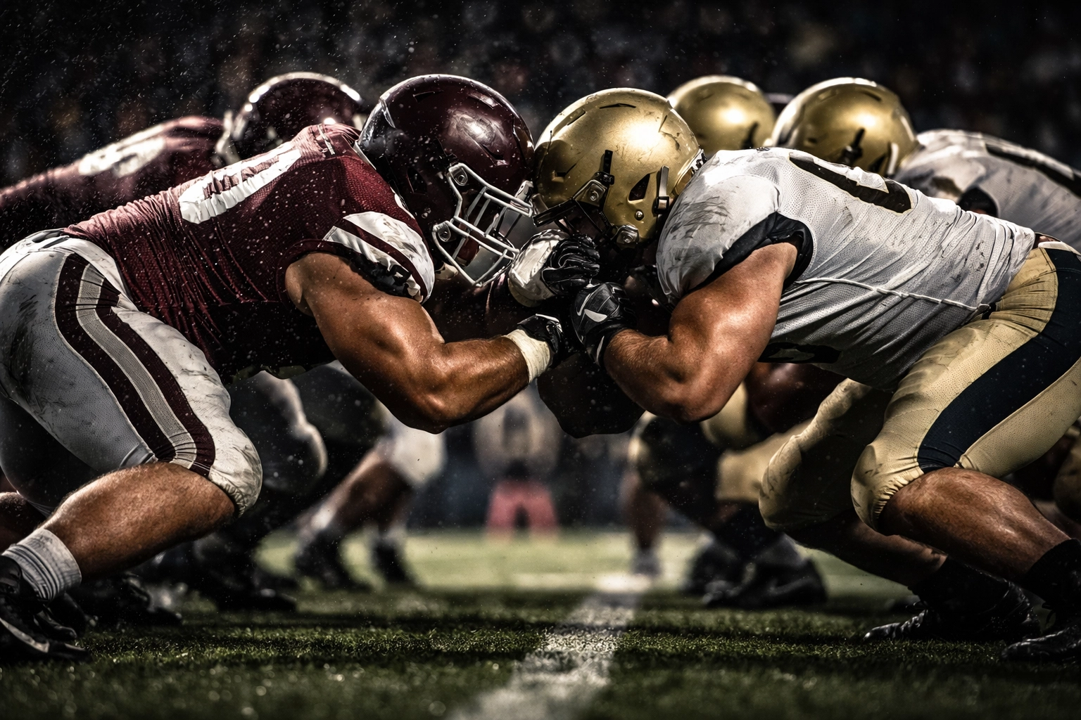 Intense line of scrimmage battle with Mississippi State linemen in maroon and white uniforms on the field.