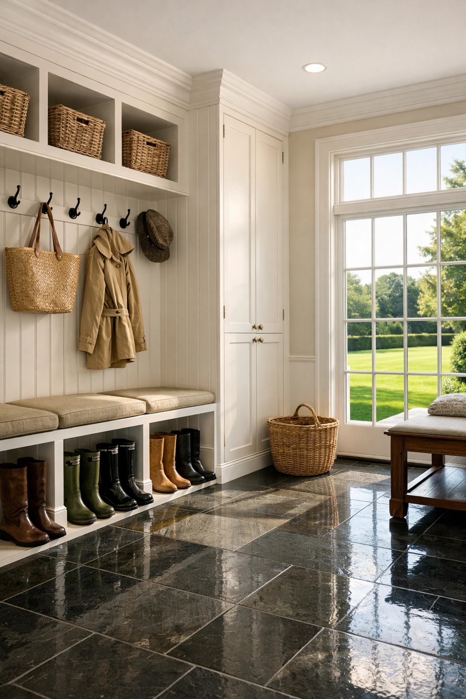 Clean Dover estate mudroom with slate floors and custom cabinetry maintained by weekly house cleaning services.