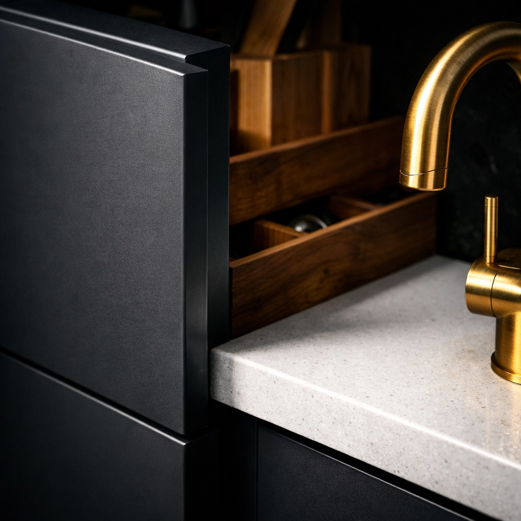 Close-up of high-end charcoal kitchen cabinets and a premium quartz worktop installation.