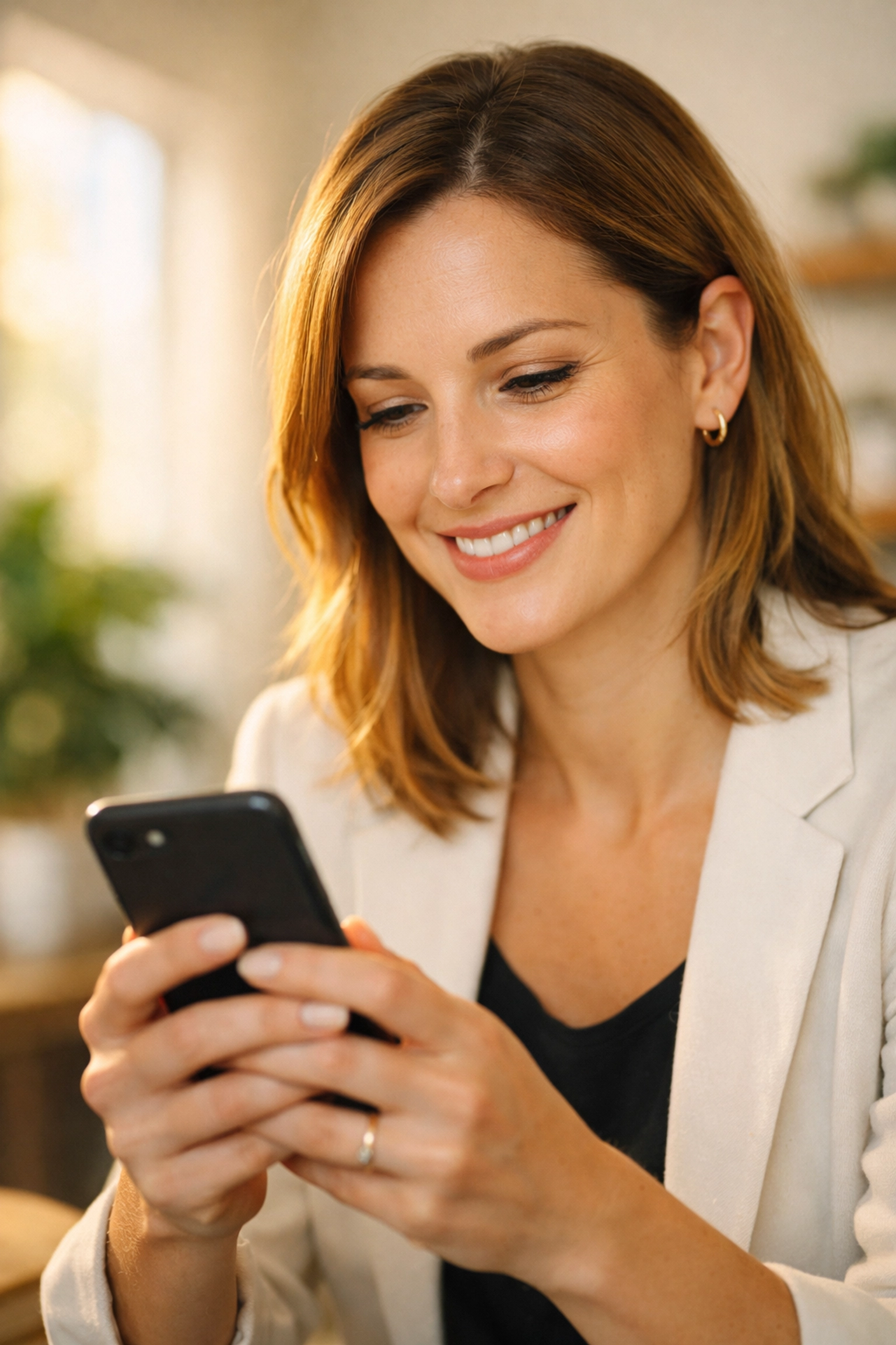 Woman checking life insurance approval on smartphone with accelerated underwriting