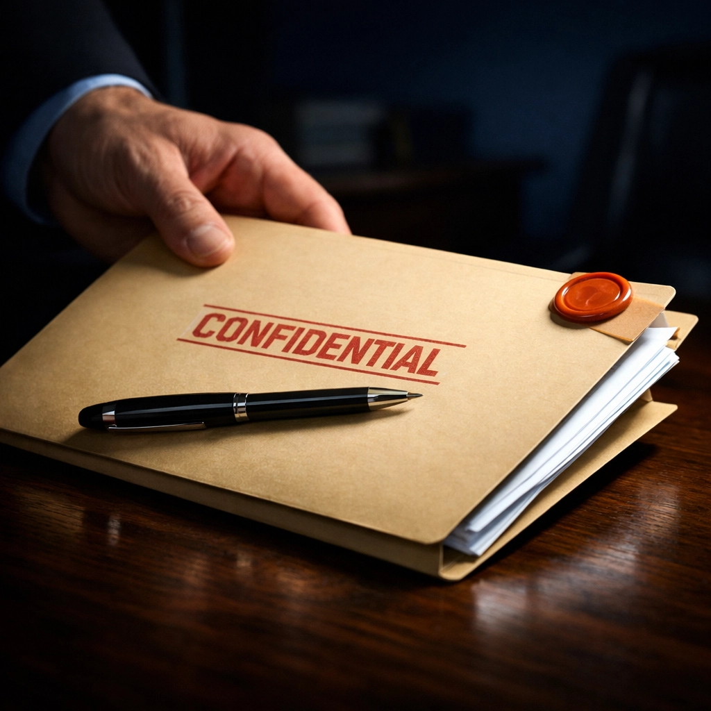 Confidential folder with NDA documents protecting business sale information
