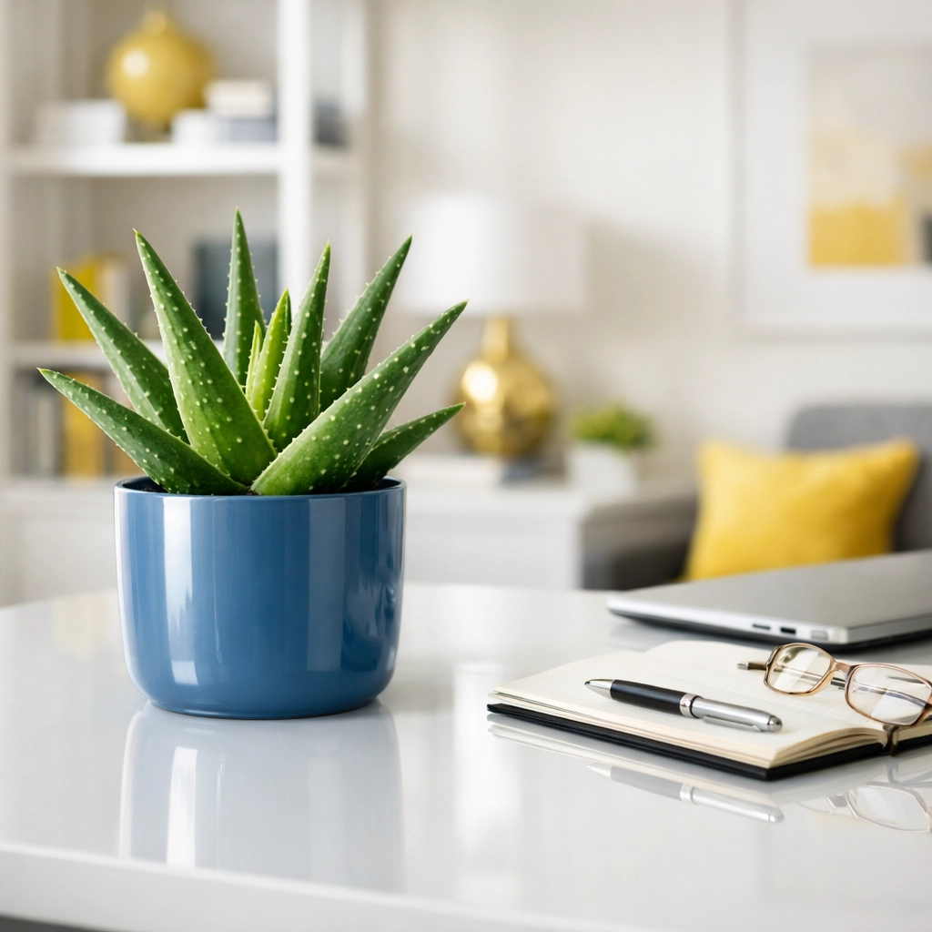 A clean, dust-free professional office desk featuring an Aloe Vera plant for fresh and healthy indoor air quality.