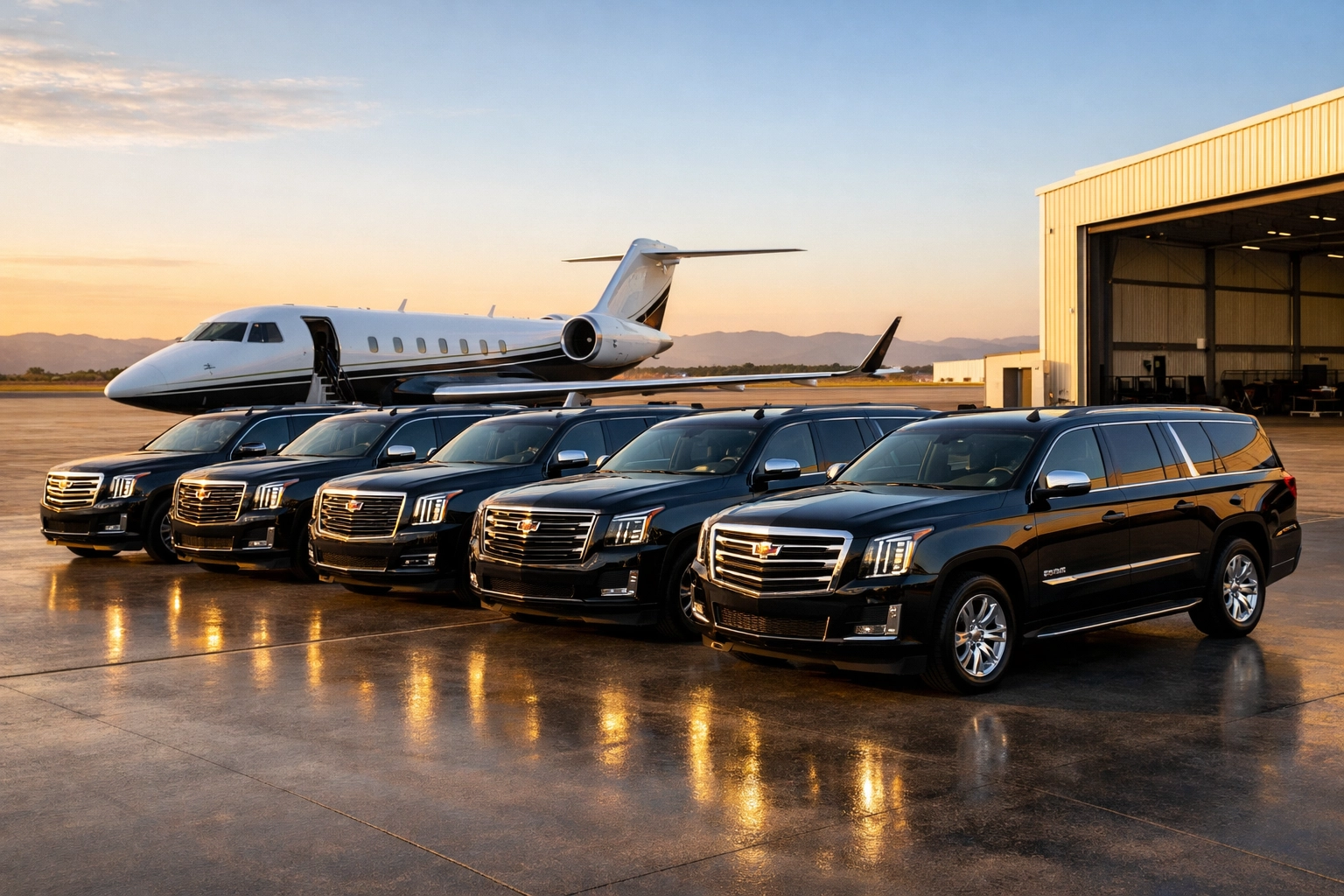 Luxury executive SUVs and a private jet on a tarmac, illustrating seamless Super Bowl corporate travel logistics.