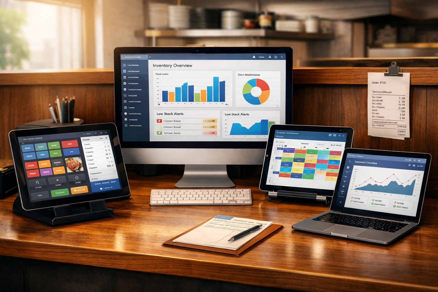 Restaurant back office with multiple technology systems including POS and inventory software