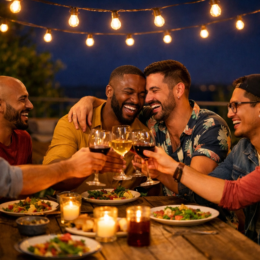 A group of gay men laughing over dinner, celebrating their chosen family milestone.