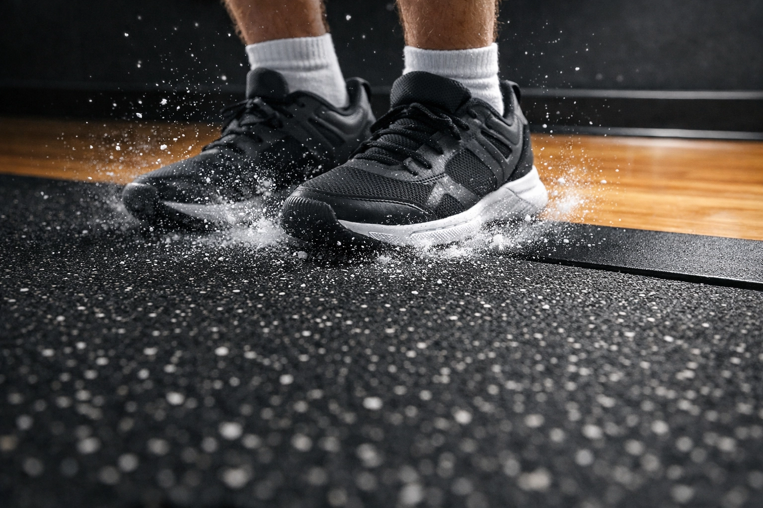 Heavy-duty rubber floor mats protecting hardwood floors in a versatile home gym setup.