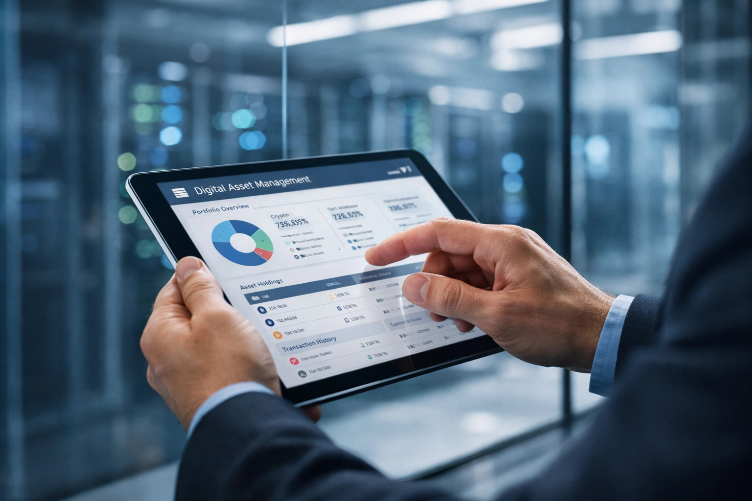 IT professional managing ServiceNow ITAM and license compliance using a tablet in a data center.