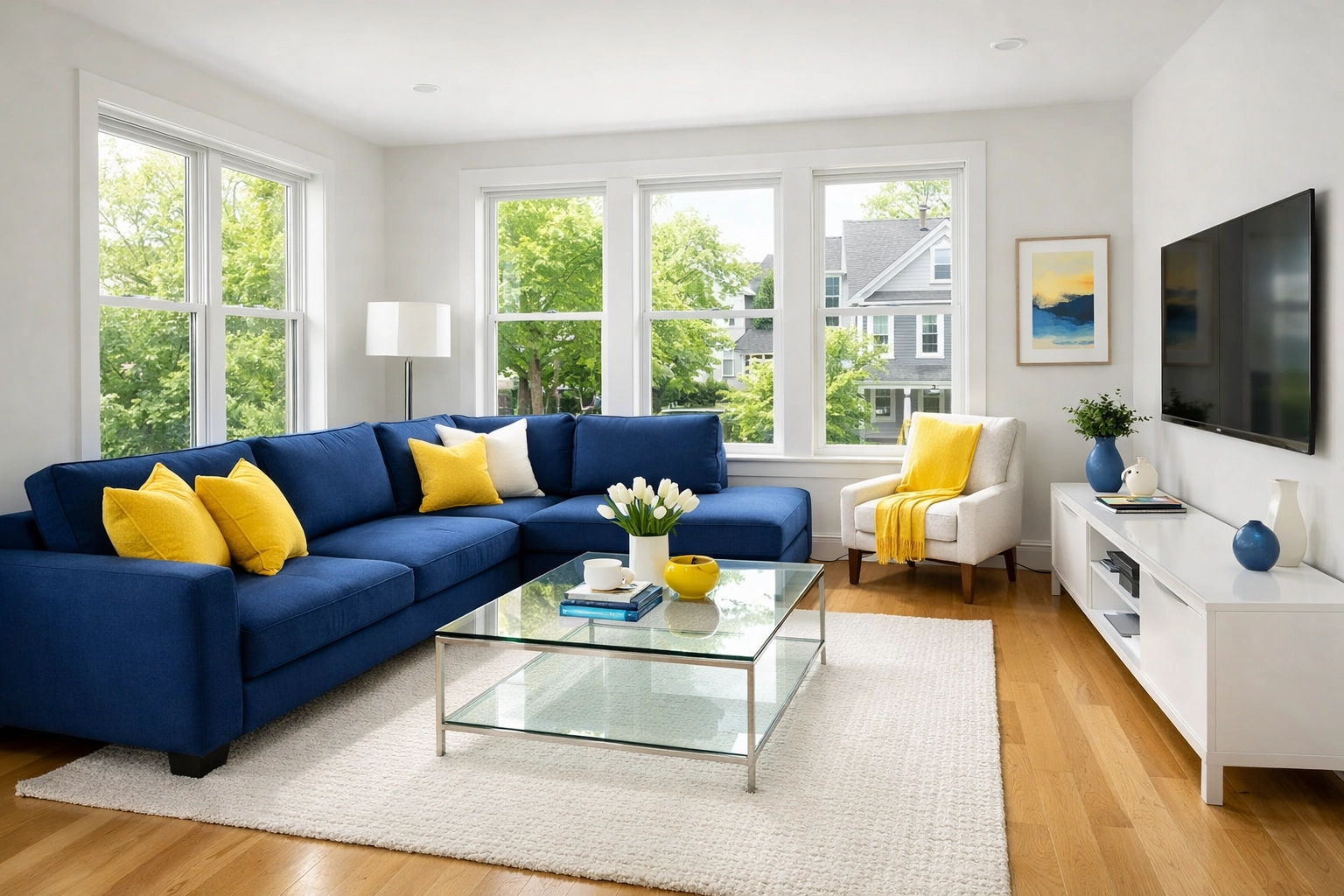 Bright and dust-free modern living room showing the results of weekly house cleaning Somerville services.
