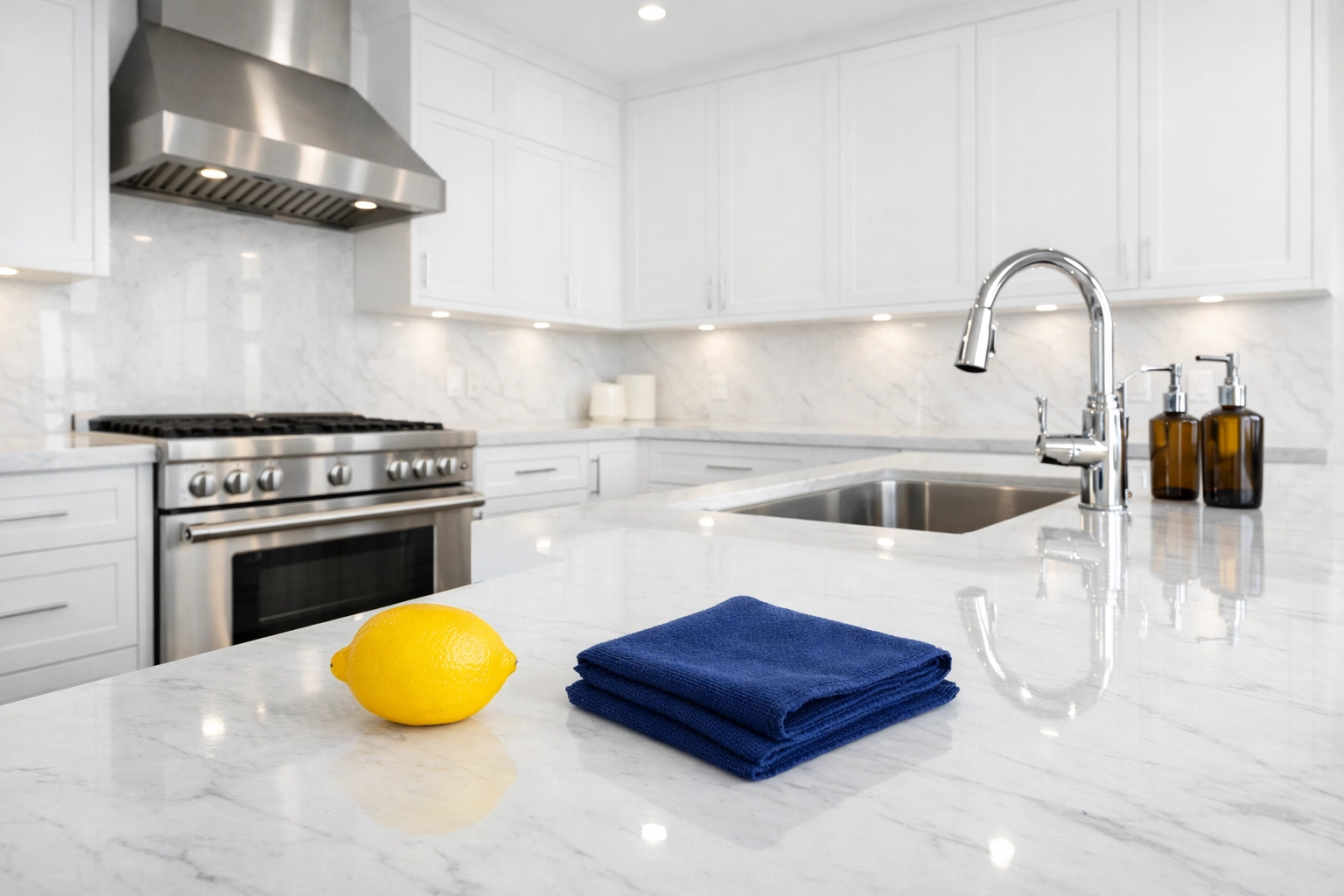Spotless modern kitchen with white marble countertops and clean stainless steel oven for move-out inspection.