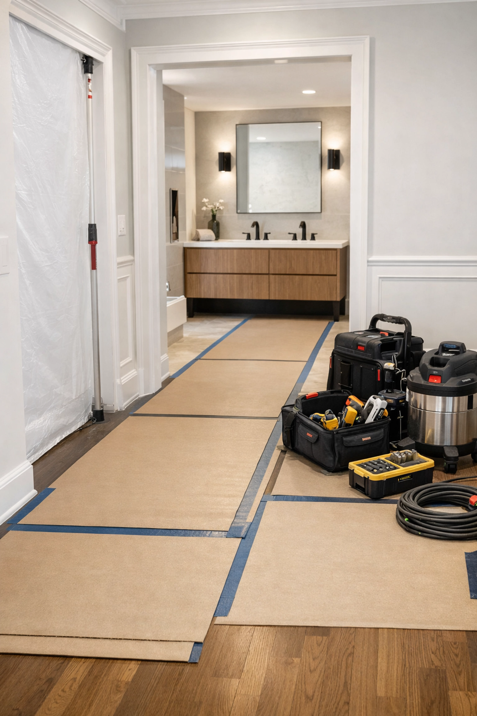 Professional Columbus home remodeling site showing organized workspace and clean bathroom renovation standards.