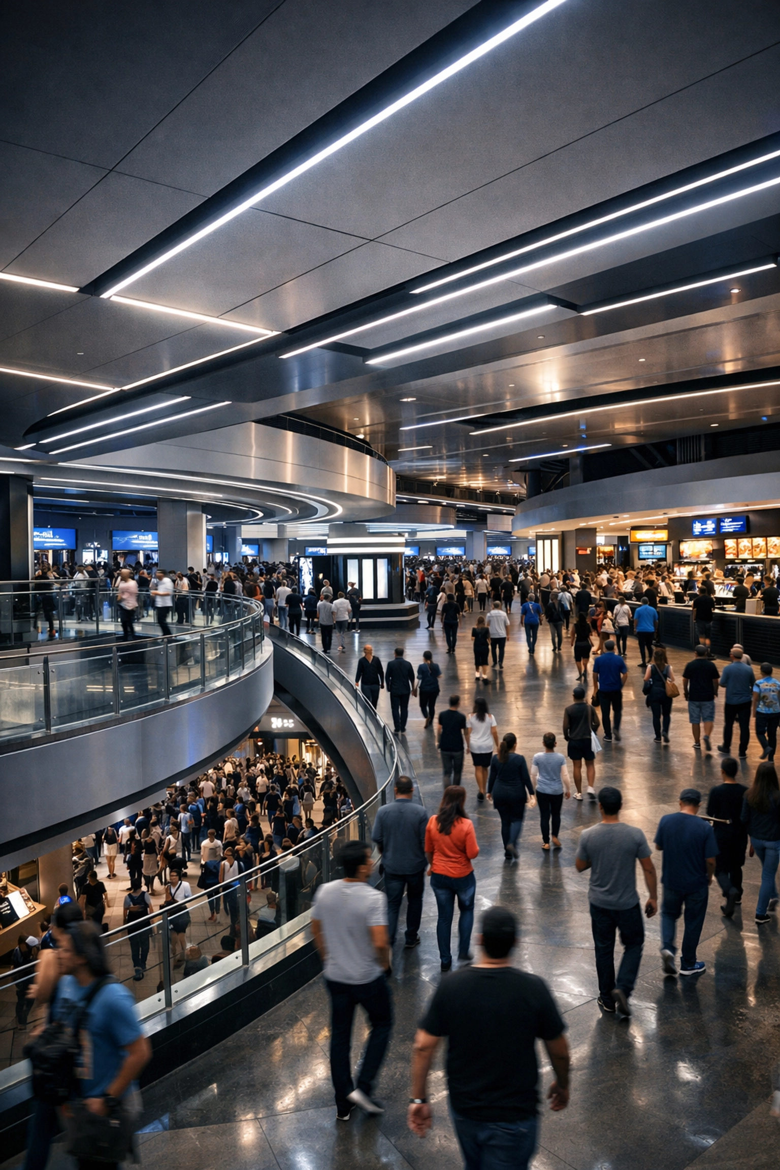 Modern arena concourse with integrated digital technology enhancing the attendee experience and crowd flow.