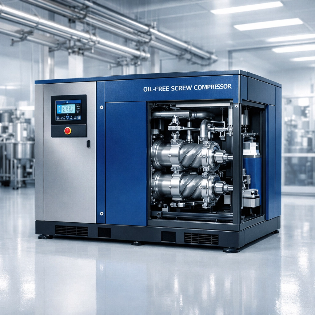 Oil-free screw air compressor in a sterile pharmaceutical clean-room ensuring ISO 8573-1 Class 0 air purity.