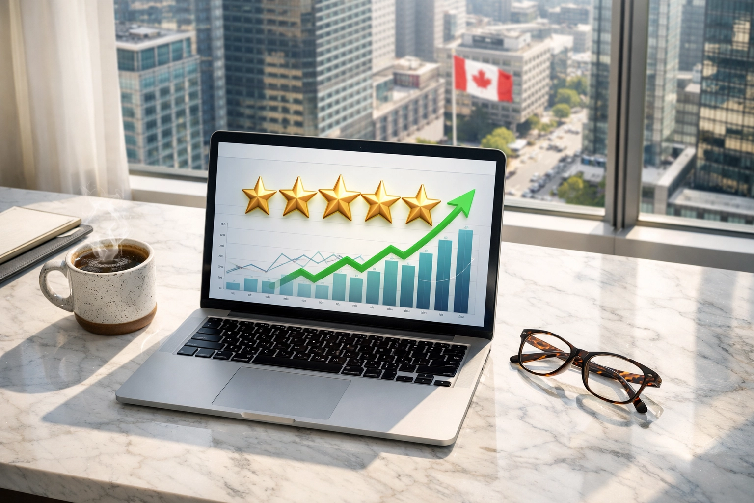 Laptop displaying 5-star ratings and business growth data for successful local SEO and reputation management.