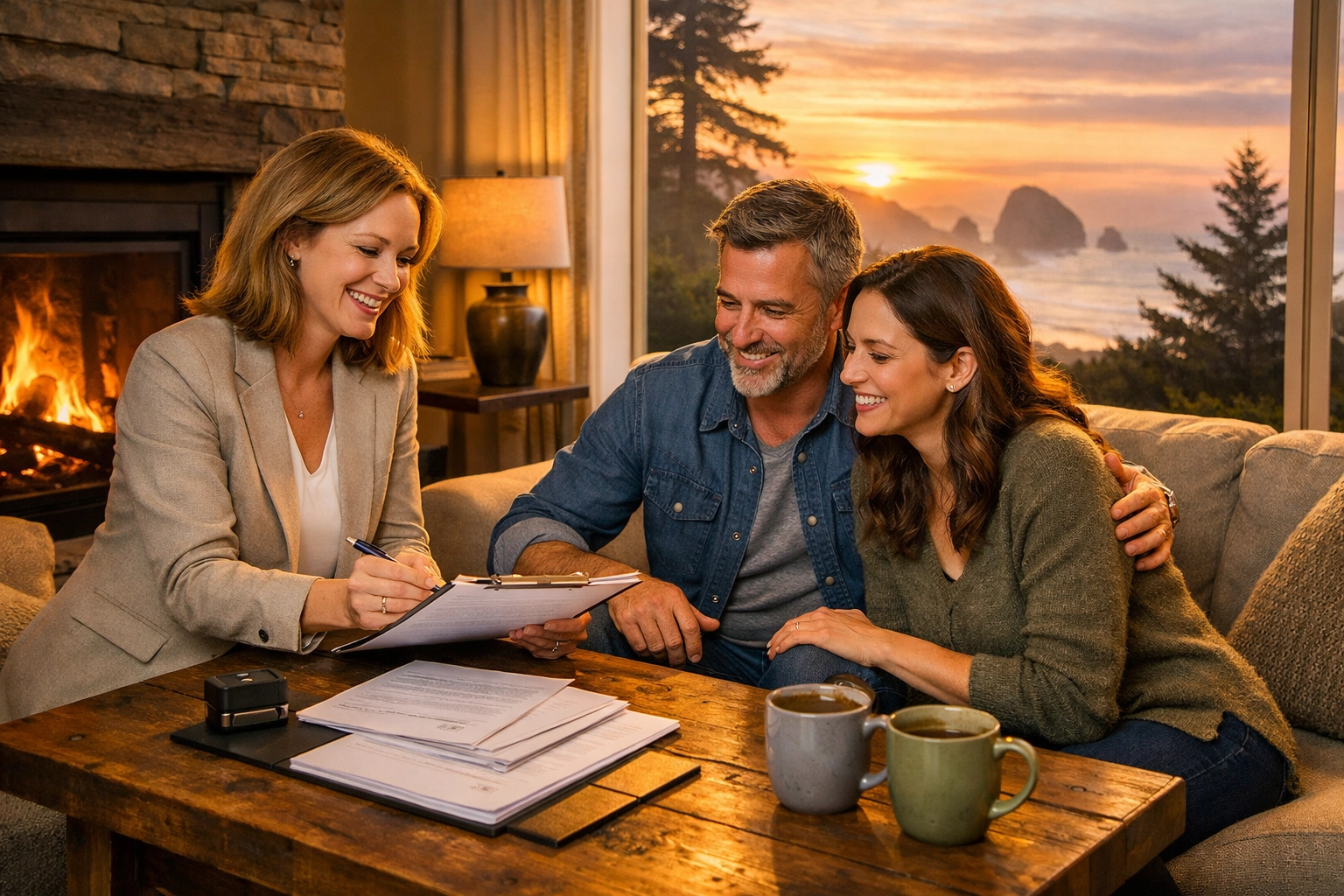 Mobile notary public meeting with clients in an Oregon Coast home to sign legal documents with convenience.