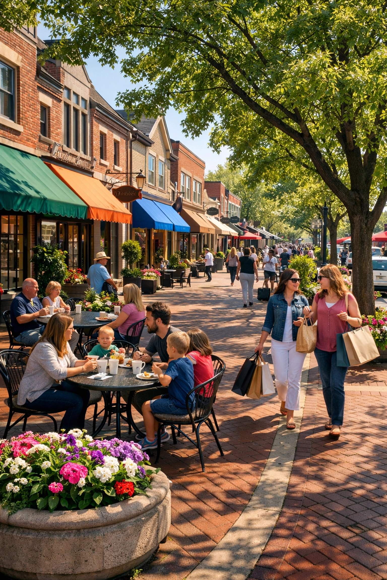 Highland Park downtown shopping district with boutique stores and outdoor cafes