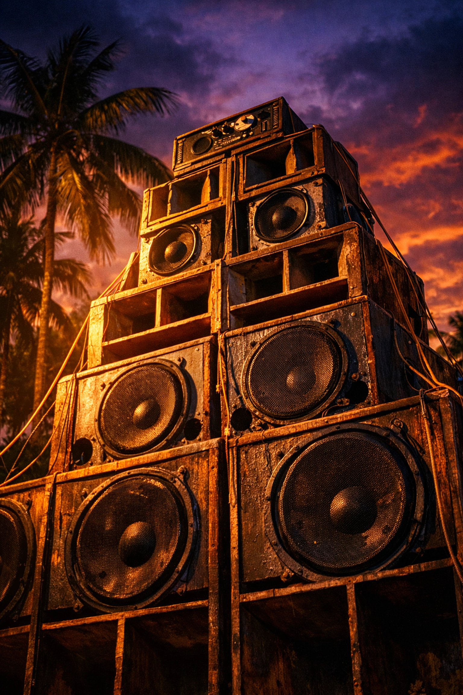 Hand-built Jamaican sound system speakers at sunset, the foundation of Kingston streetwear culture.