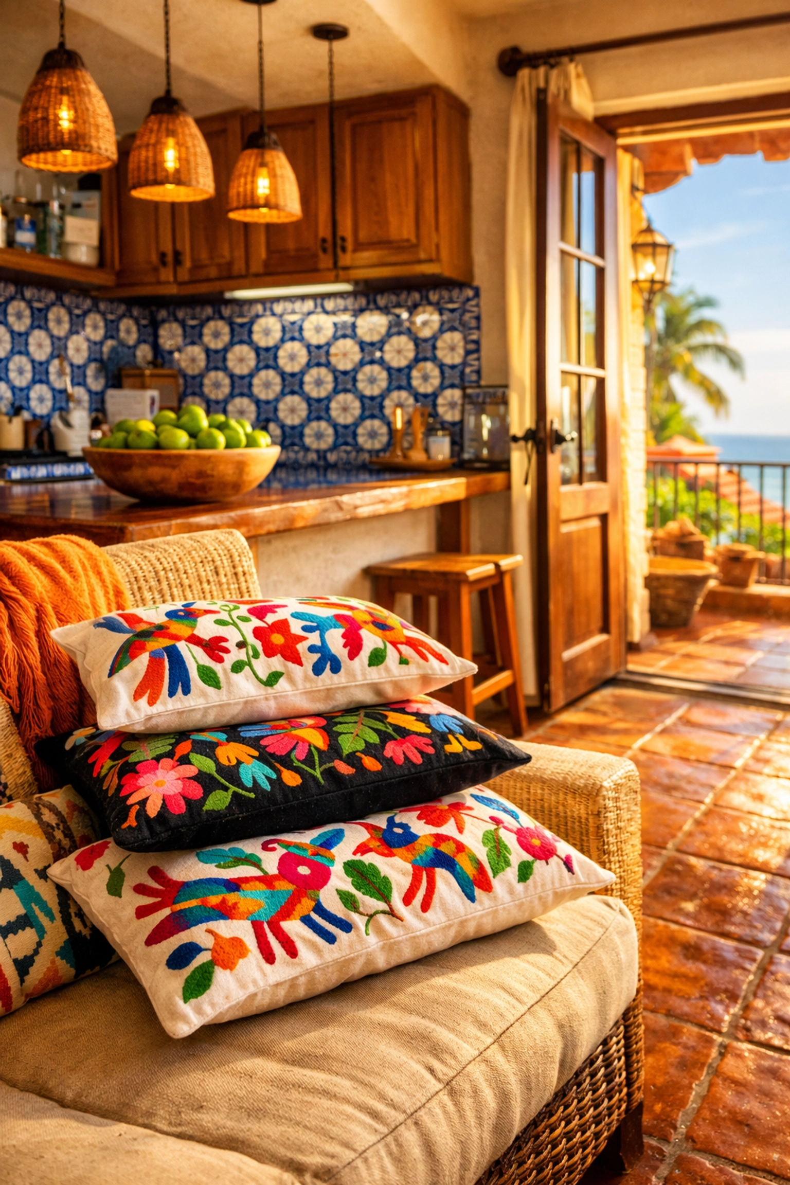 Sun-drenched Puerto Vallarta apartments interior with authentic Mexican decor and colorful Otomí pillows.